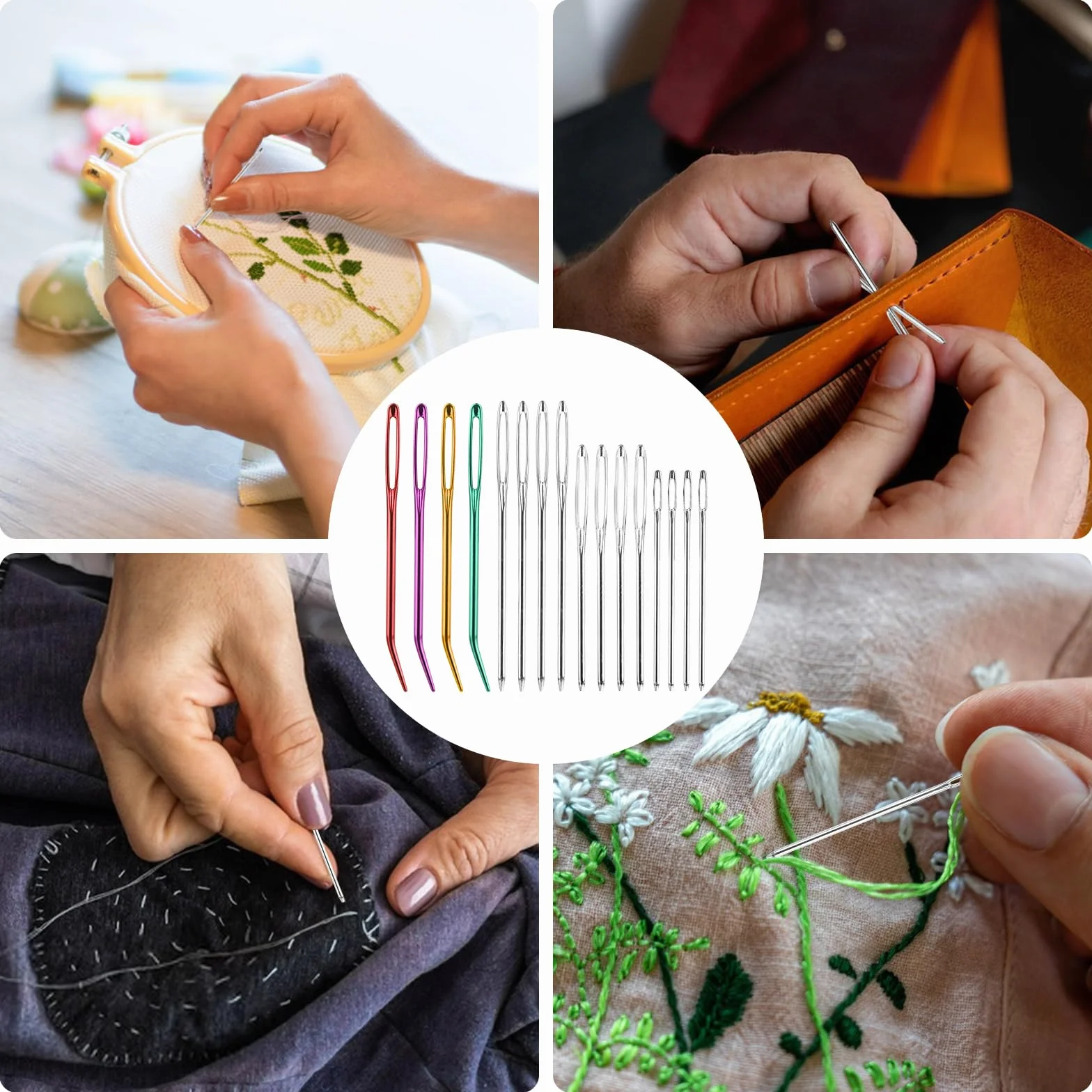 Juego de 16 agujas de ojo grande, agujas de tope para coser cuero, agujas de coser con punta redonda, 4 tamaños diferentes, agujas de coser metálicas para tapicería, lana, costura