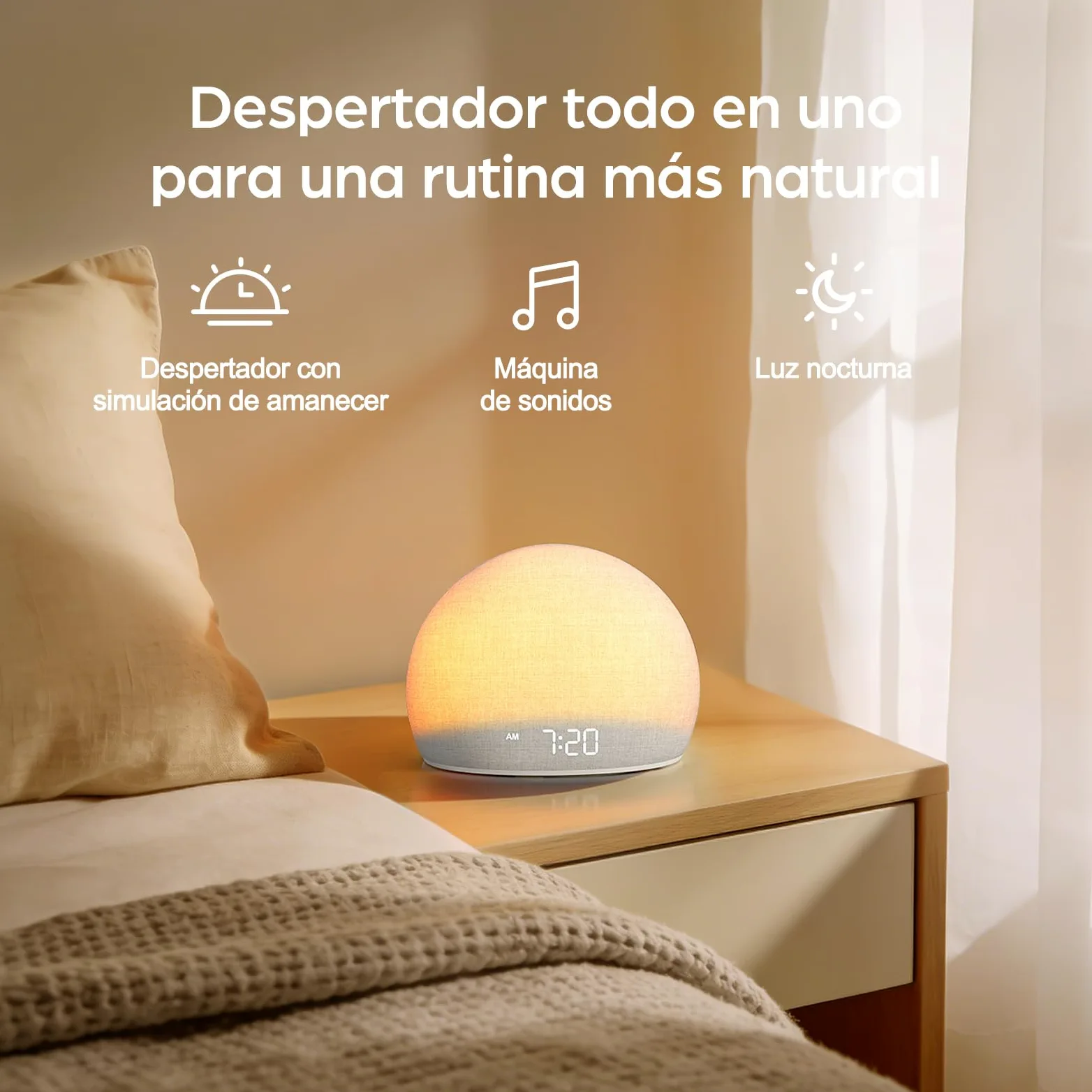 DOUMOSH Despertador con Luz de Amanecer y Máquina de Ruido Blanco | Luz Natural con Alarma Suave, 20 Sonidos Relajantes, Pantalla Regulable, Diseño sin Pantalla