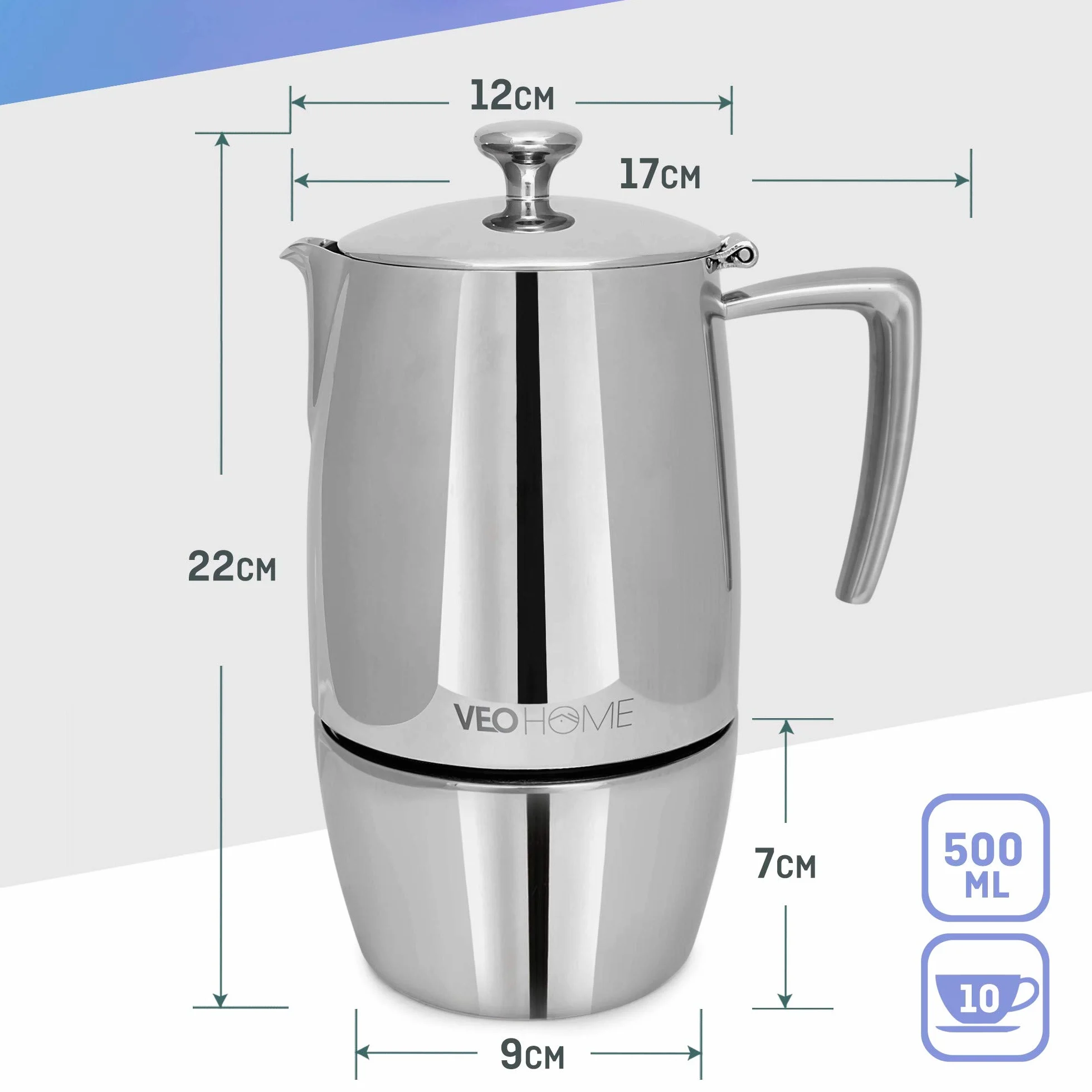 VeoHome - Cafetera Italiana de Acero Inoxidable 10 tazas 500 ml – Cafetera Moka para cocinas Inducción, Vitrocerámica y de Gas - Estilo Espresso – Irrompible, Segura y apta para Lavavajillas