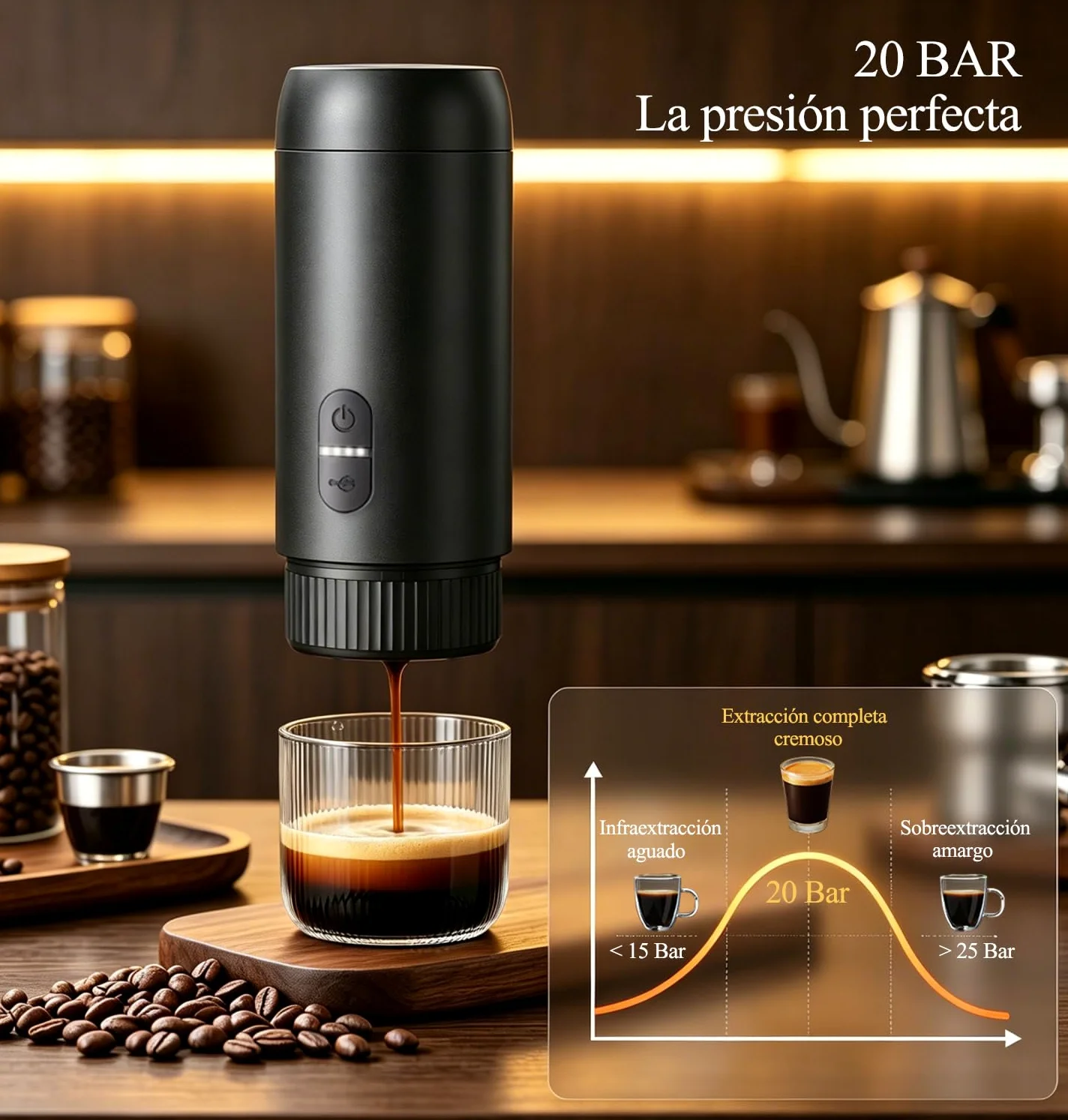 Cafetera espresso eléctrica portátil, para café molido y cápsulas | Cafetera de viaje 2 en 1, presión 20 bares, recarga USB-C, diseño compacto, para camping, coche y picnic