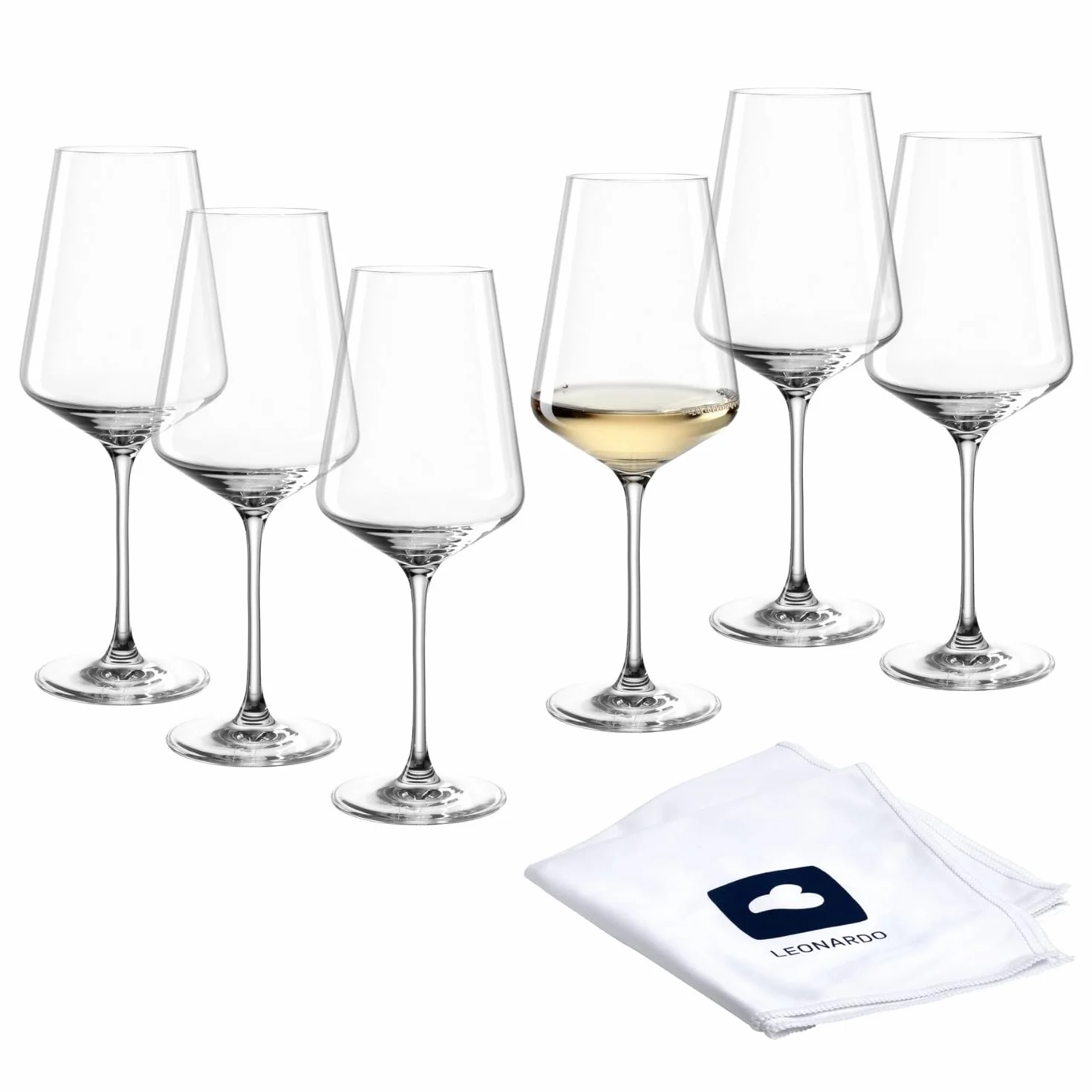 LEONARDO HOME Copas de vino blanco PUCCINI (juego de 6) con paño de pulido • Copas de vino resistentes a los arañazos (560 ml) • Apto para lavavajillas y duradero • Copas atemporales para vino blanco