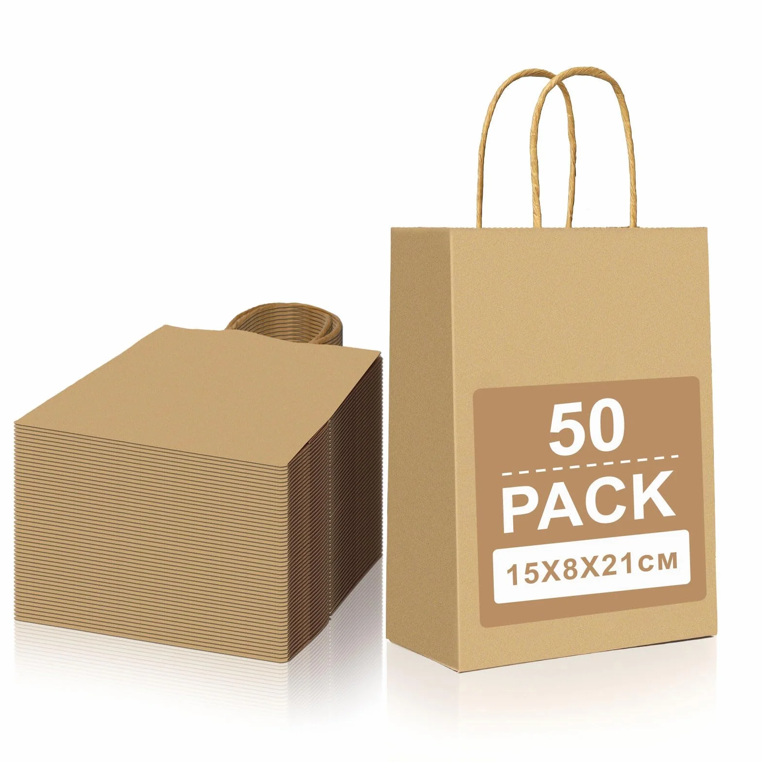 Gucass 50 Pieza Pequeñas Bolsas Papel Kraft con Asas, Marrón Bolsas de Papel Regalo, 15x8x21cm, Bolsitas de Regalos para Embalaje de Regalo, la Compra, Navidad Fiestas de Cumpleaños Bodas