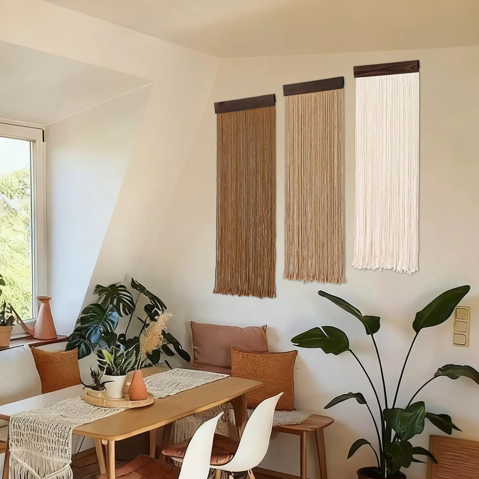 Weldomcor 3 piezas de hilo de macramé boho chic decoración del hogar, 30 x 92 cm, borlas, tapiz moderno hecho a mano, gran decoración de pared para salón, dormitorio, habitación de los niños