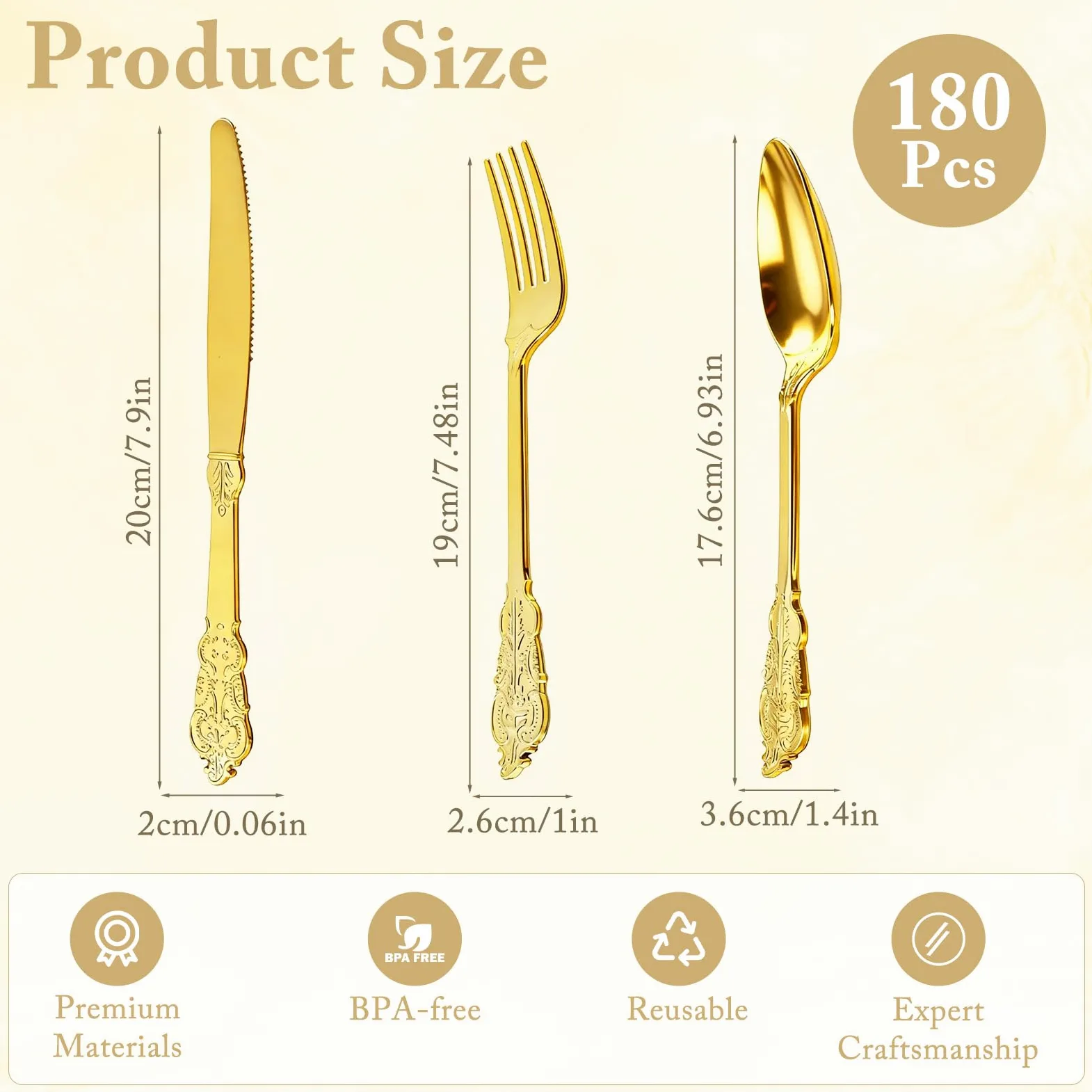 Juego de cubiertos de plástico dorado vintage de 180 piezas, 60 cuchillos, tenedores y cucharas | Lavable, reutilizable, resistente. Cubiertos pulidos. Duradero y elegante para bodas, fiestas de cumpleaños, eventos