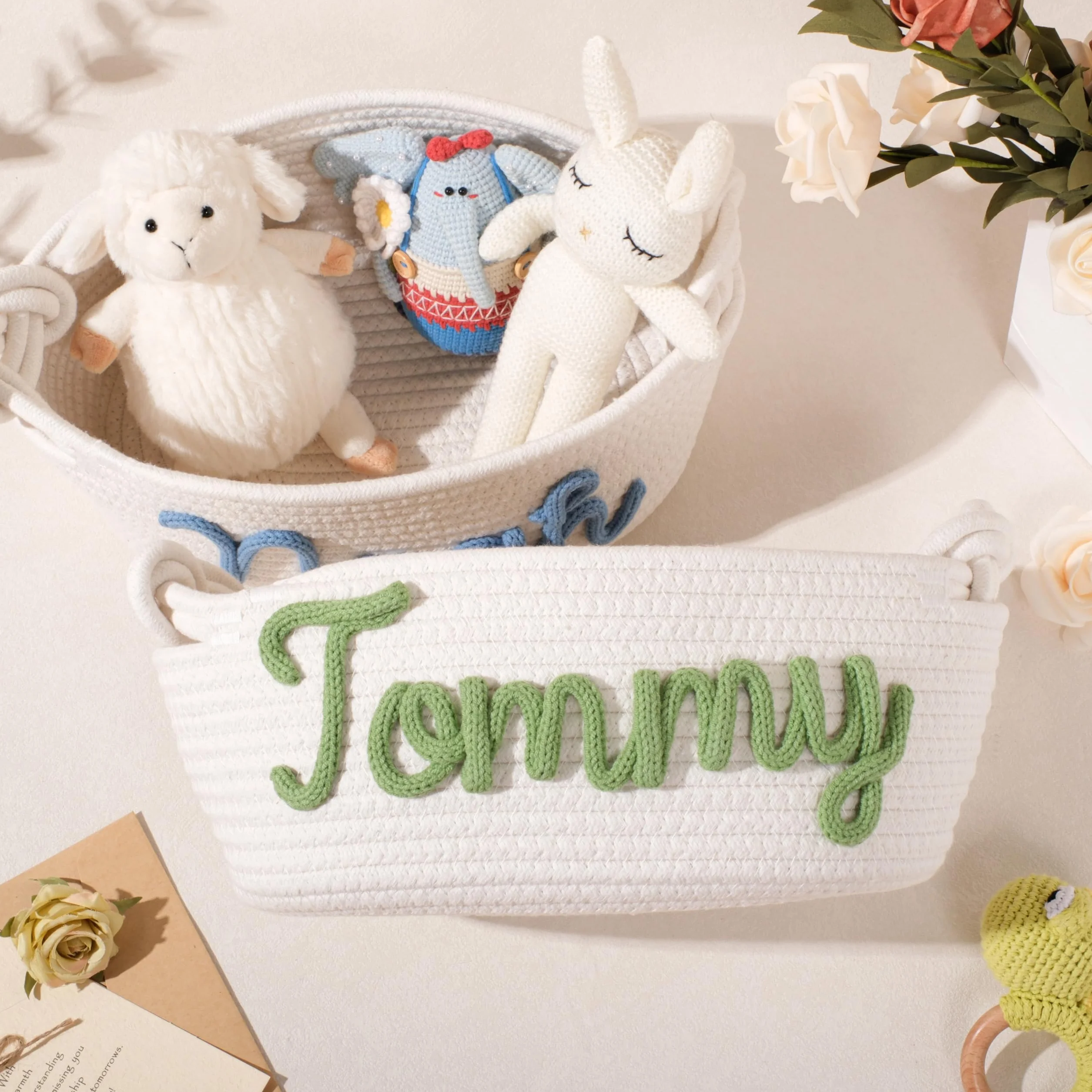 Personalizada Canasta de Bebé Hecha a Mano con Nombre Bordado, Cesta de Ratán Natural para Recién Nacido, Regalo de Baby Shower