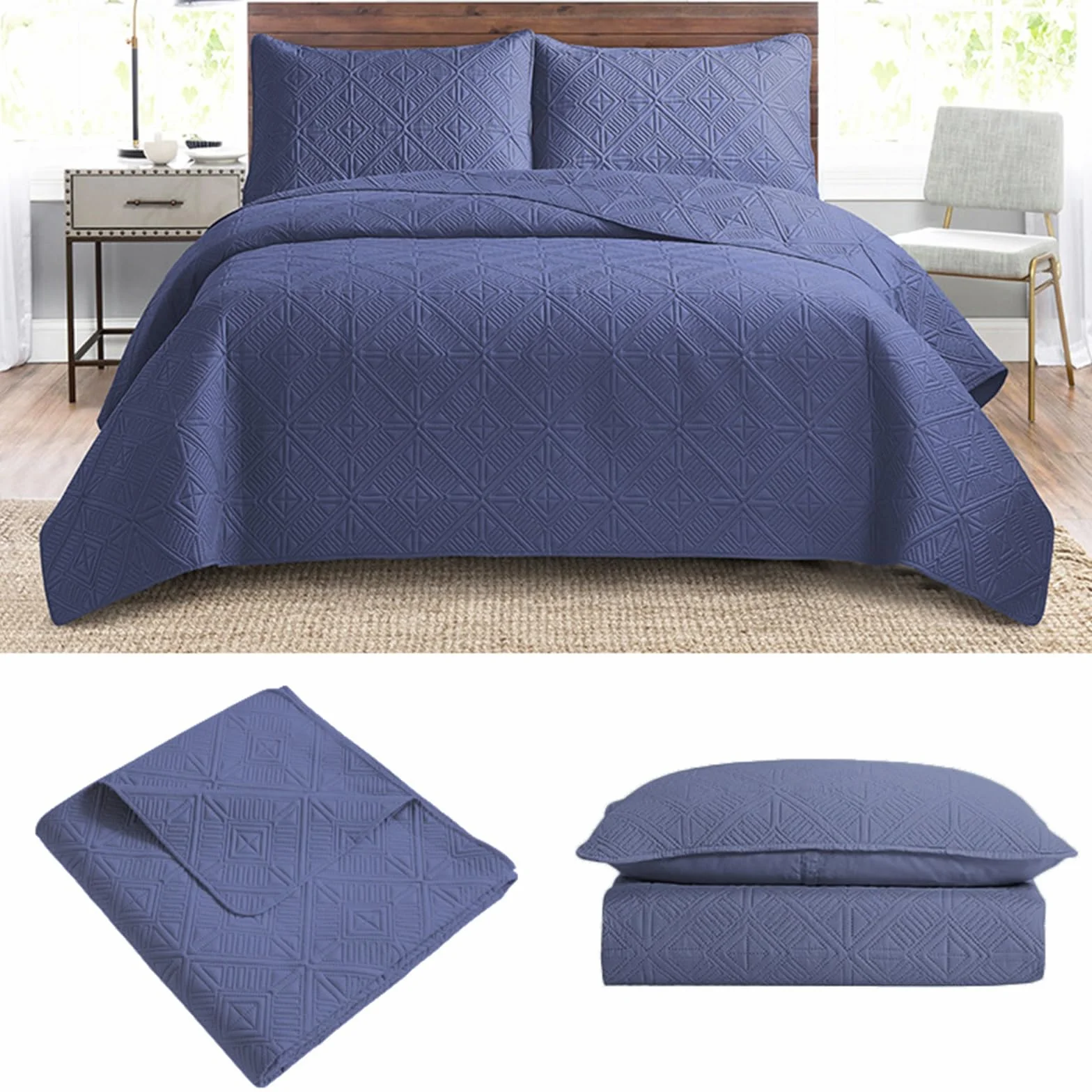 Colcha tamaño King Mantas de Cama Dobles Acolchadas - Reversible Relieve Matt acabó Fundas Cama Doble Colcha + 2 Fundas de Almohada - Color sólido Algodón Colchas Y Mantas(Navy,240 * 260cm)