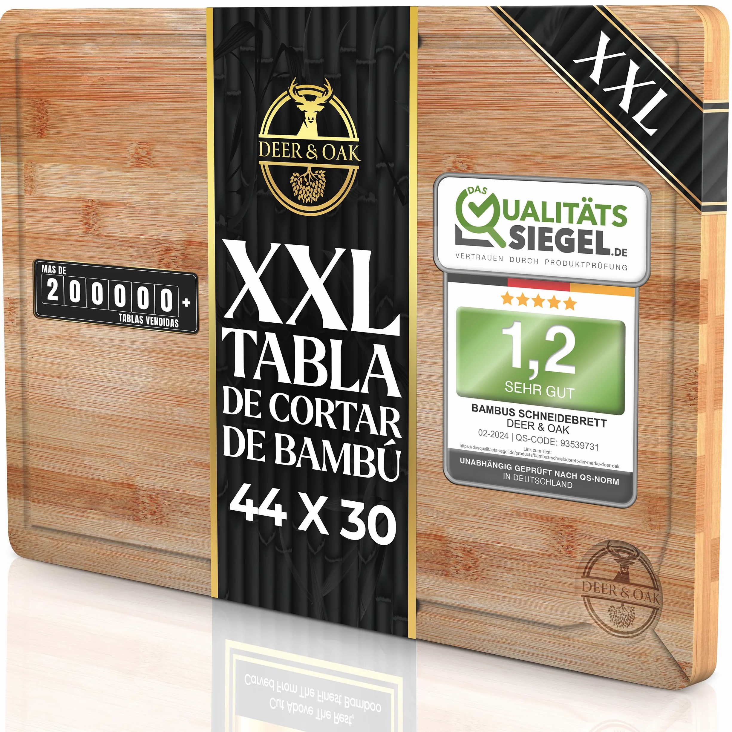 Deer & Oak Tabla de Cortar Bambú 44x30x2 cm Madera Preengrasada para Cocina