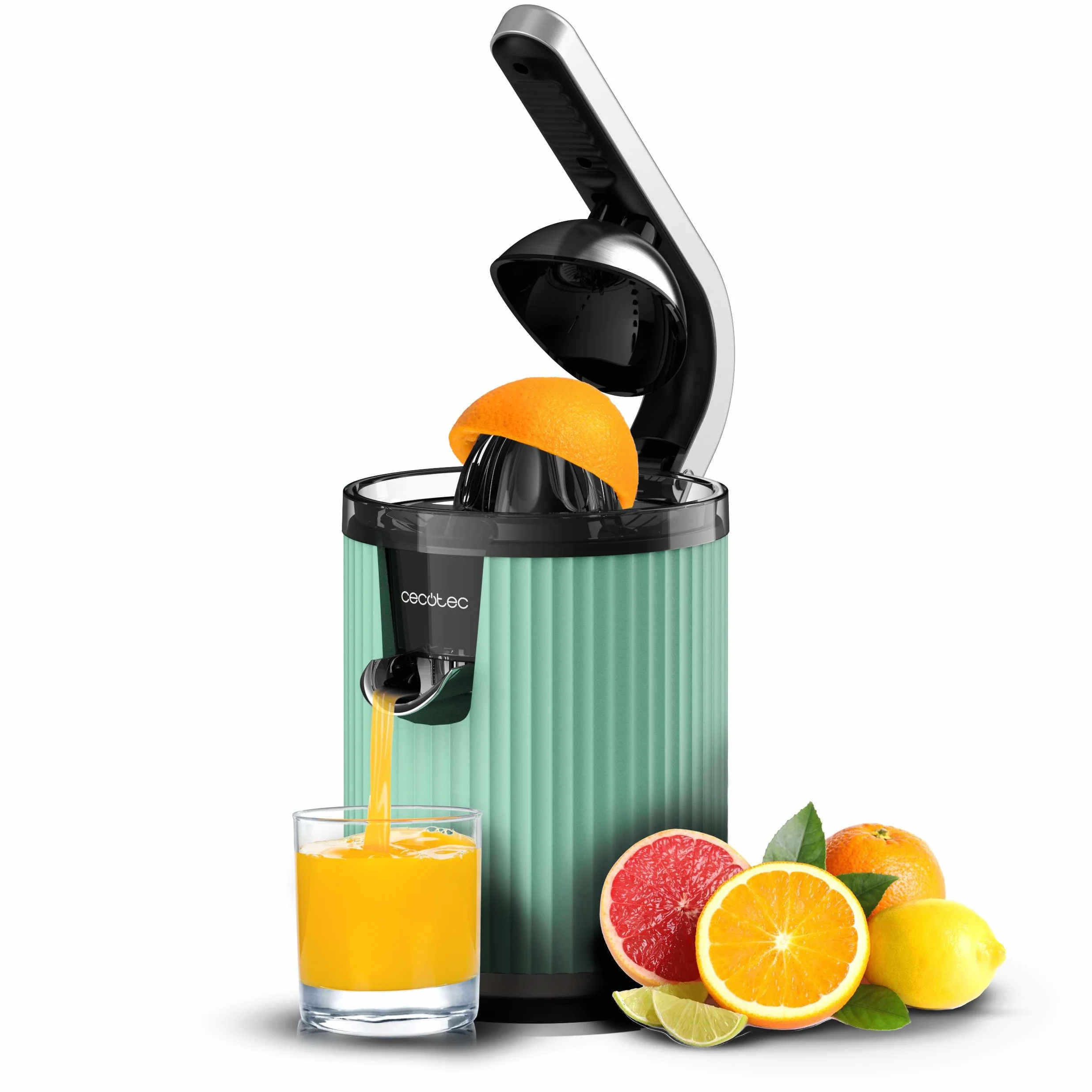 Cecotec Exprimidor Eléctrico de Brazo para Naranjas y Cítricos Xqueeze RetroJuice 600 Green. 600W, Estilo Retro, Filtro de Acero Inoxidable, Cono de Plástico, Palanca para Extraer Pulpa, Antigoteo