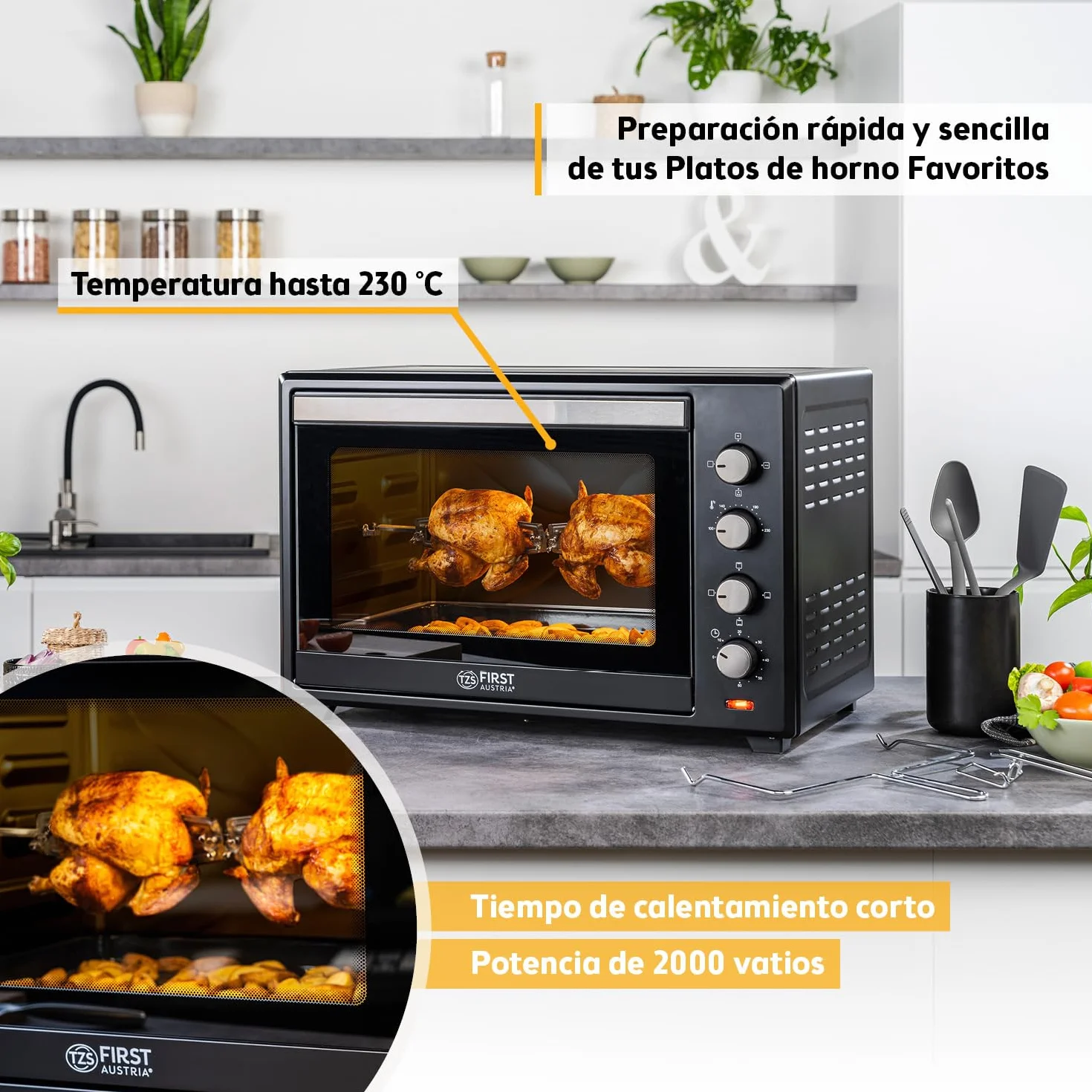 TZS First Austria - Mini Horno 60L 2000W - Minihorno espacioso para pizza con temperatura hasta 230°C y 6 modos - Con temporizador 60 min, 4 alturas de inserción, bandeja, rejilla y asador giratorio