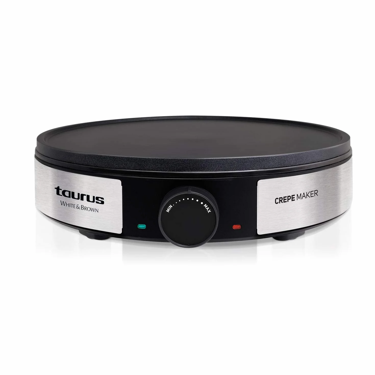 Taurus S164. Crepera eléctrica. 1200W. Termostato regulable. Placa antiadherente. Almacenamiento vertical. Luz de funcionamiento y temperatura. Incluye espátula y esparcidor. Negro y acero inoxidable.