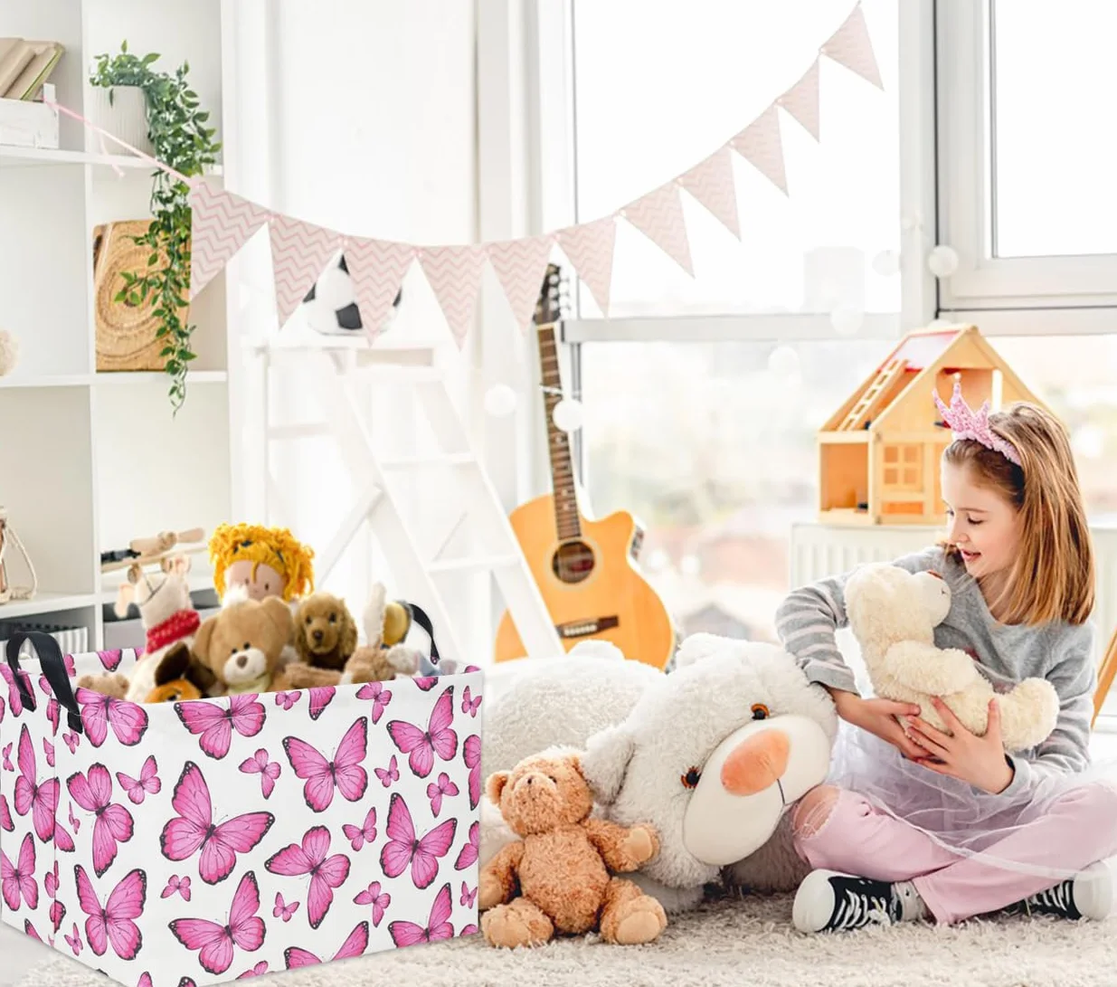 Cesta rectangular almacenamiento niños mariposa rosa bebé juguetes caja organizadora arco iris