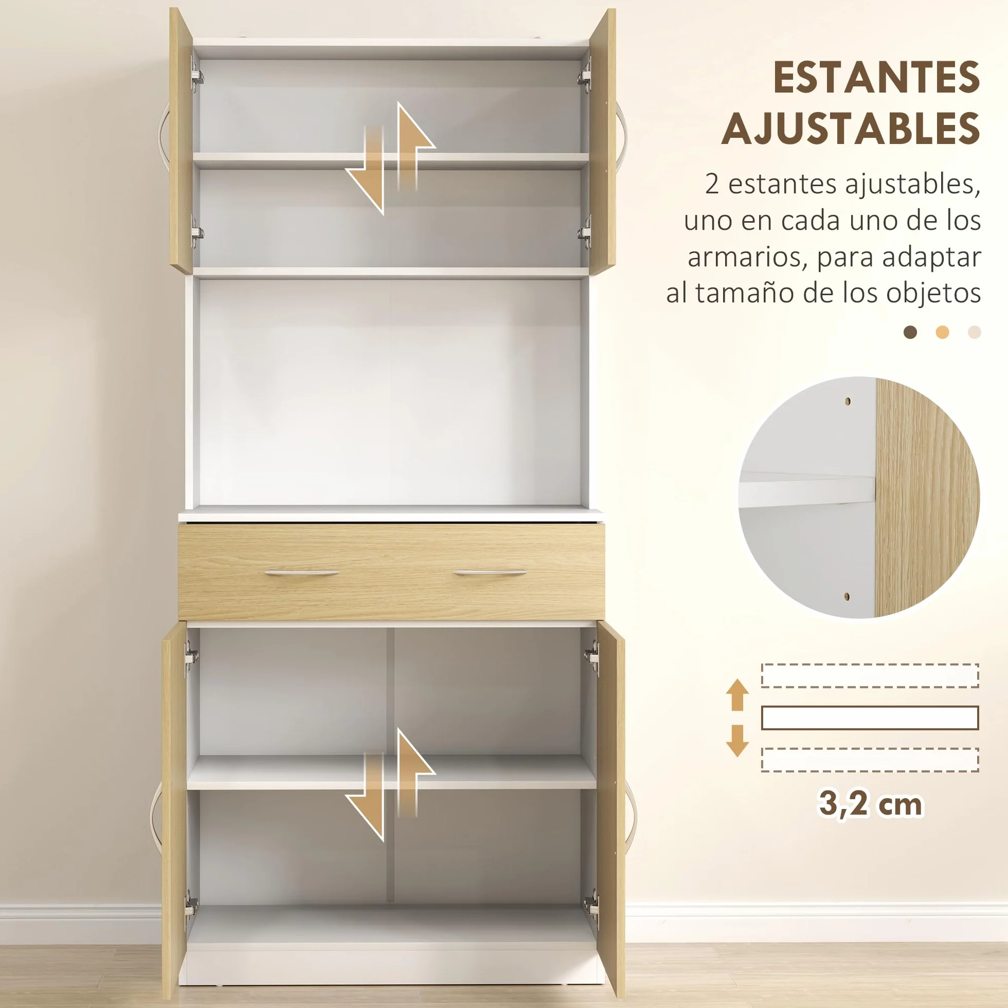 HOMCOM Alacena de Cocina Mueble Auxiliar de Cocina con Puertas Cajón y Estantes Ajustables Antivuelco para Comedor Salón 80x40x180 cm Natural y Blanco