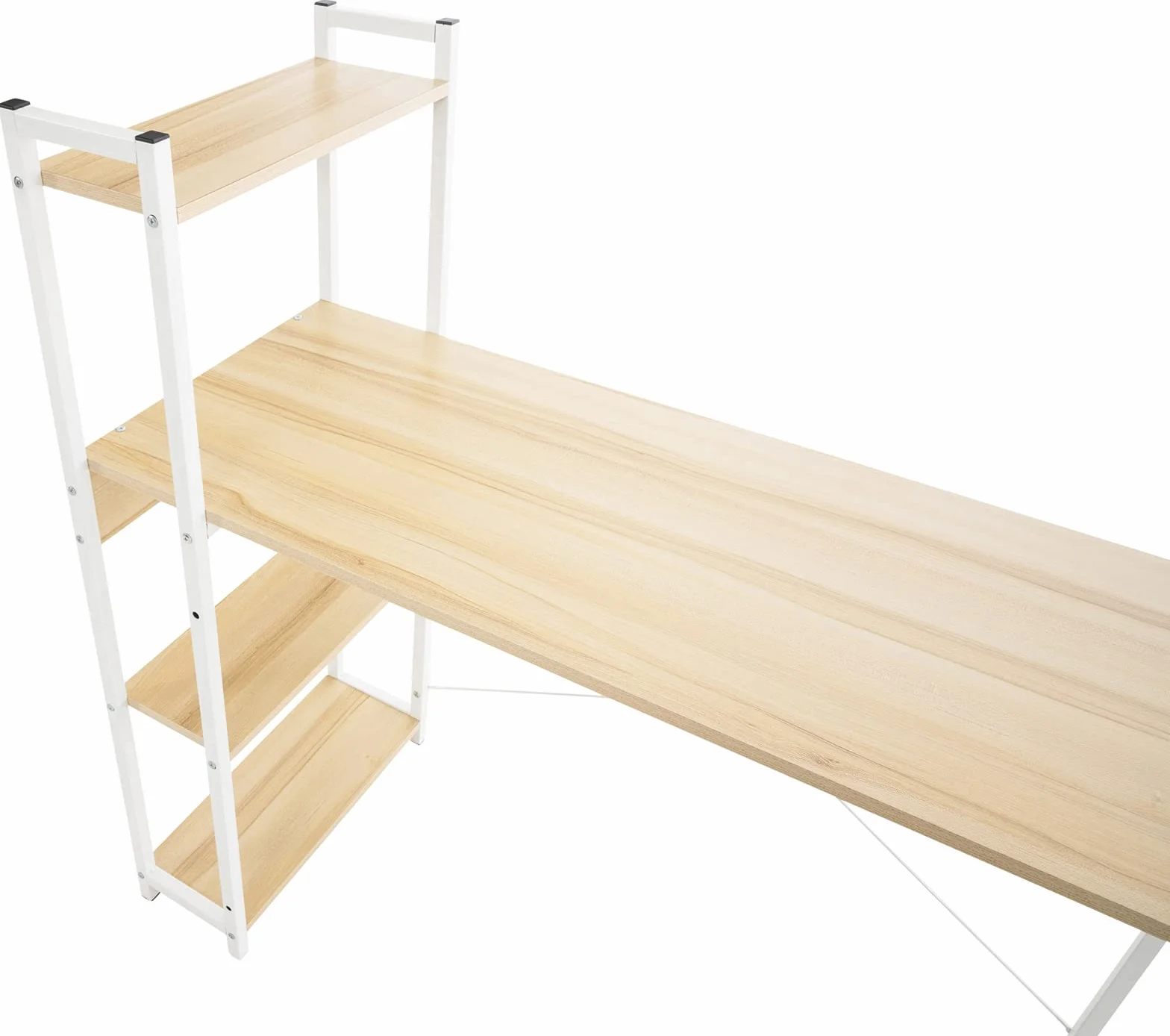 CLP Escritorio PoE De Madera con Estantería Lateral Movible I Mesa De Estudio con Estructura Metálica & 4 Estantes, Color:Arce