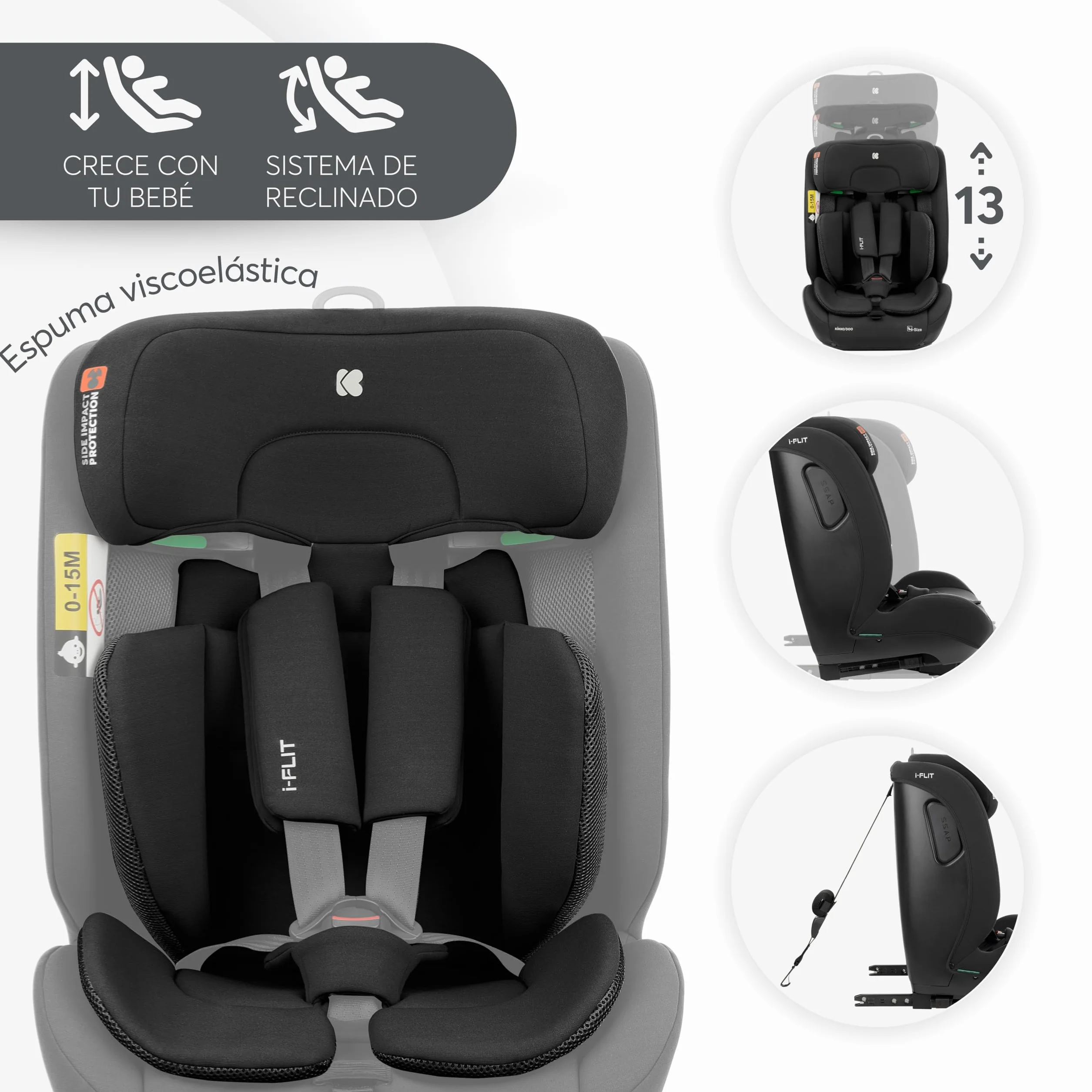 KikkaBoo Silla de Coche Bebe ISOFIX Grupo 1 2 3 (9-36 kg) i-FLIT, de 15 Meses a 12 Años, Seguridad SPS, Reposacabezas Ajustable, Top Tether, 12 Posiciones Reposacabezas, Negro