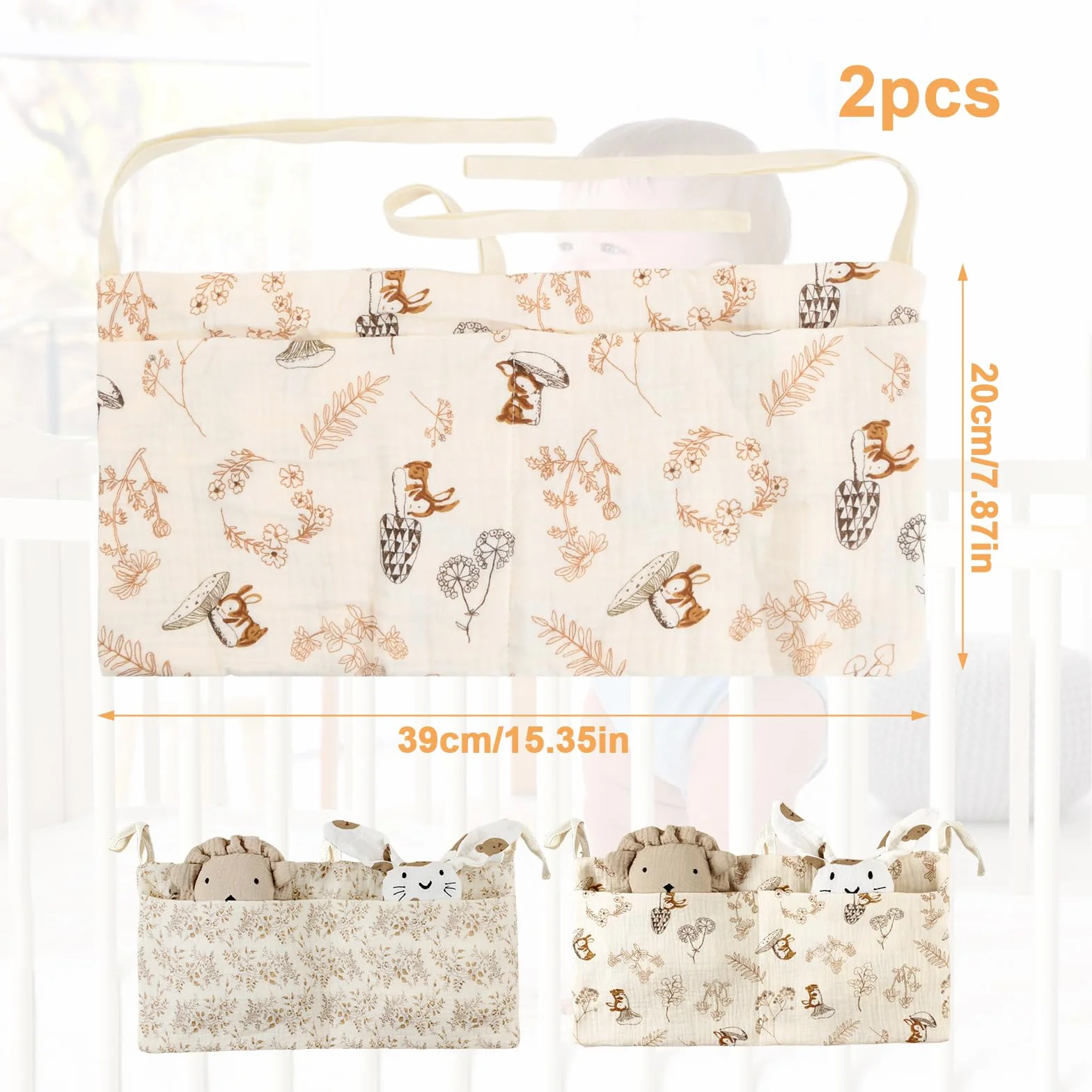 Organizador Cuna Colgante 2 Piezas con Bolsillos para Pañales, Juguetes y Ropa