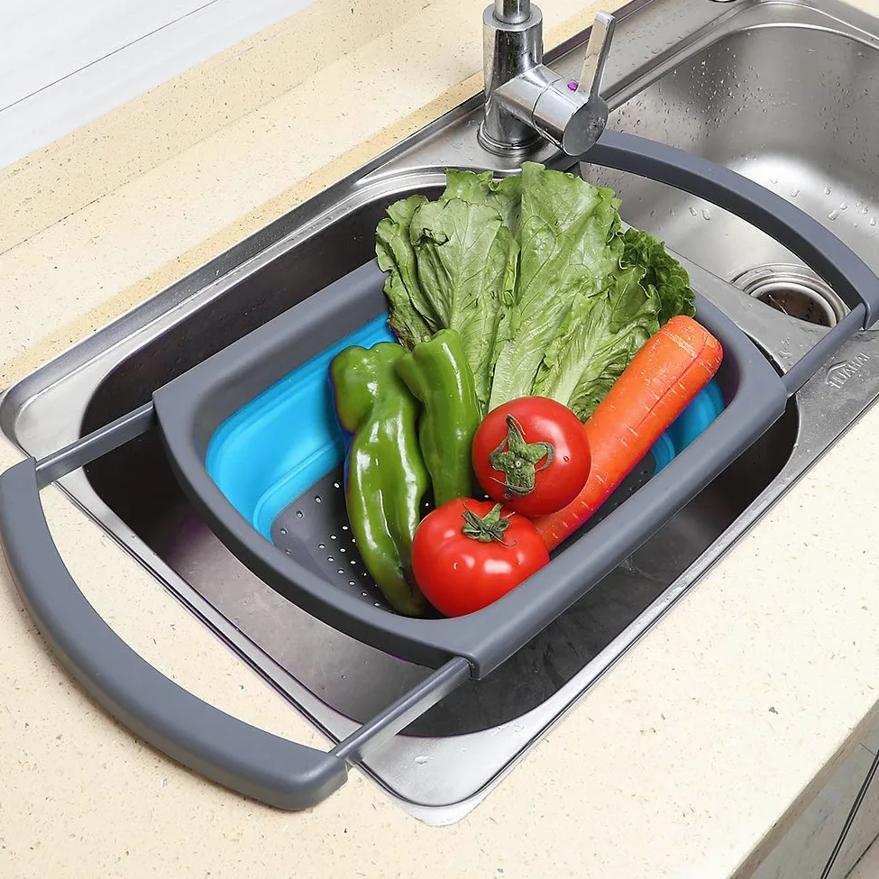 QiMH Juego de 3-2 coladores plegables de 4 cuartos y 1 colador de 6 cuartos de galón sobre el fregadero, base de plástico resistente de grado alimenticio, colador de alimentos plegable de silicona
