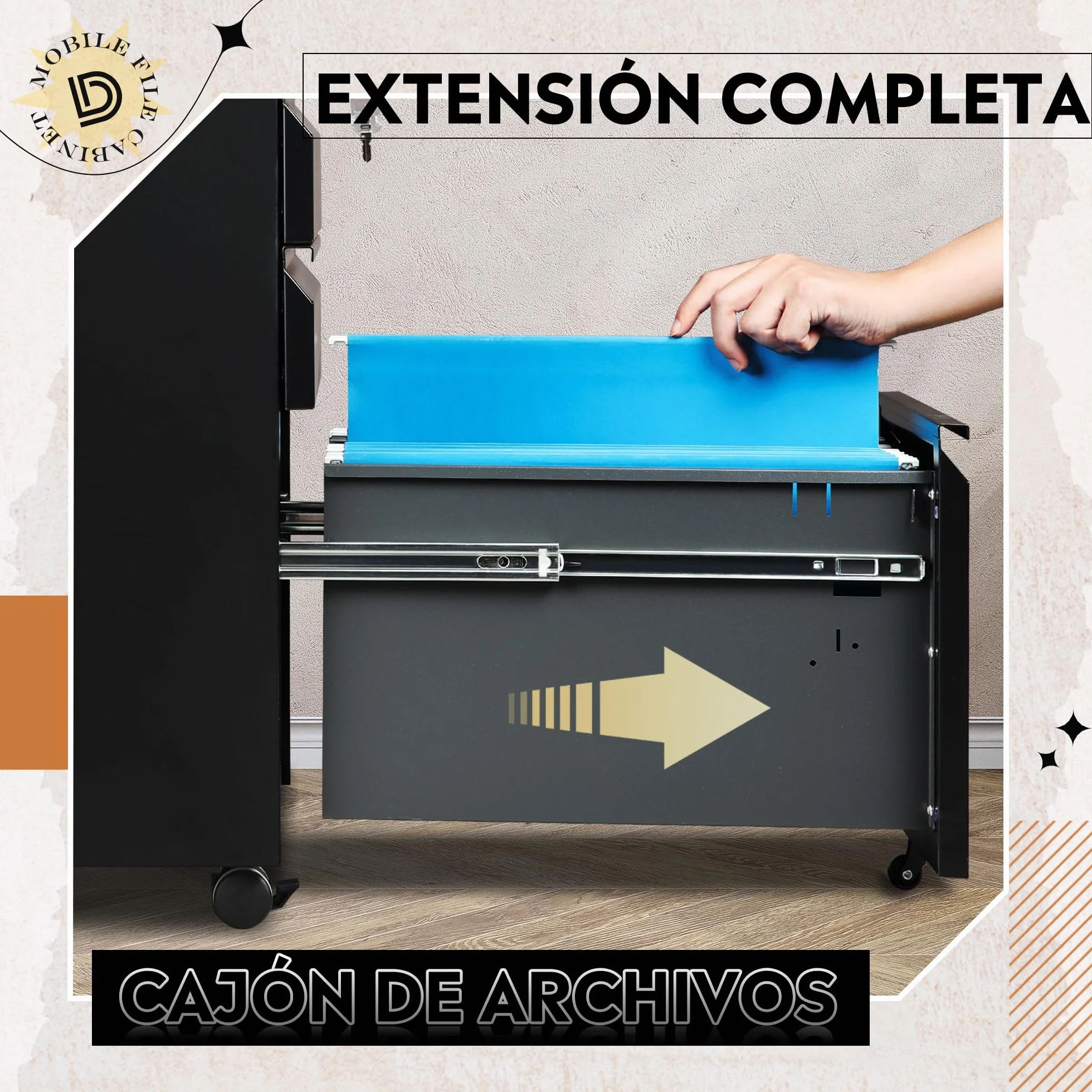 DEVAISE Carro Archivador con Cajones Bloqueables, Mueble Bajo Escritorio Metálico para Impresora, 3 Cajones & Ruedas Giratorias Bloqueables, Negro