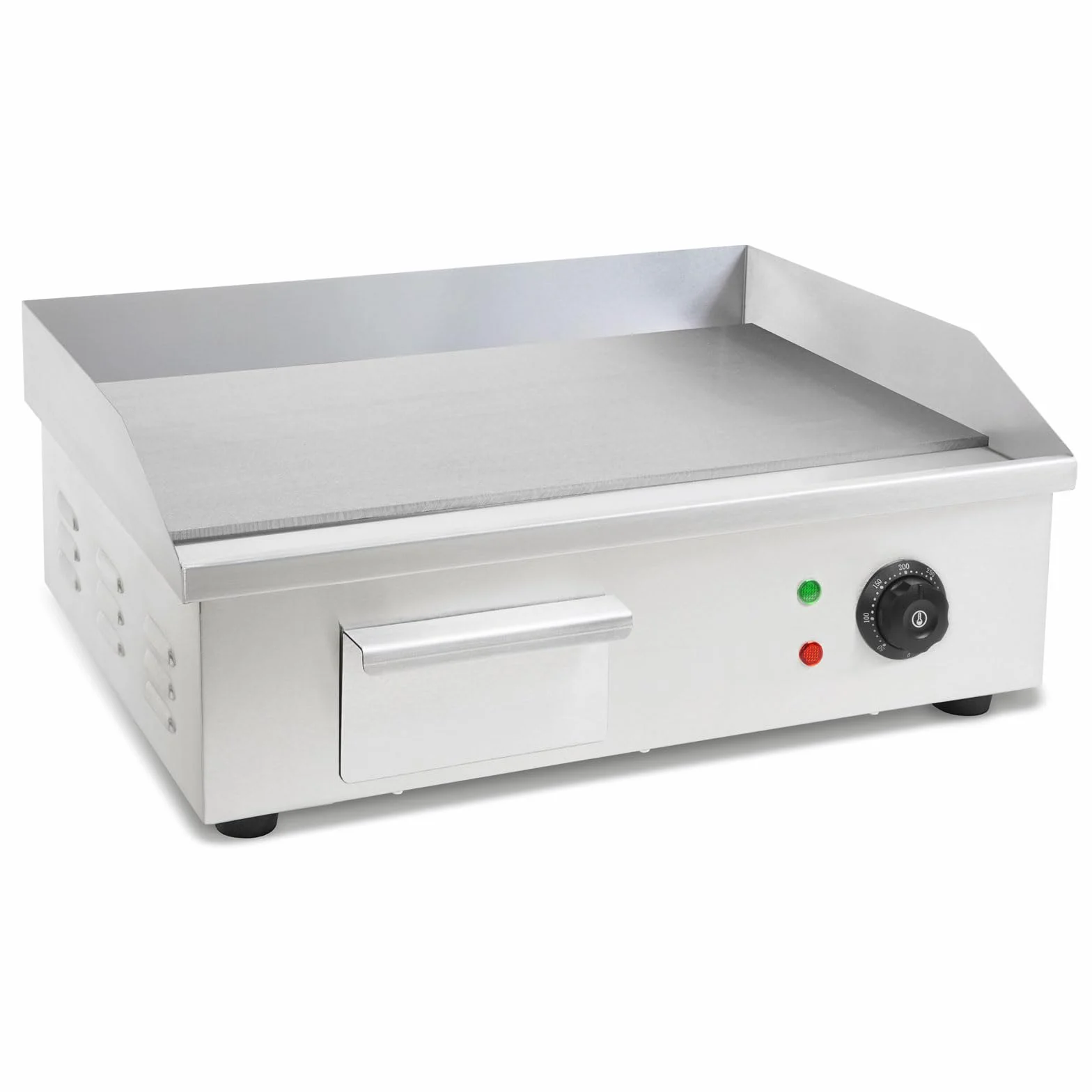 VERTES Plancha profesional de 3000 W en acero inoxidable, superficie de grill lisa de 55 x 35 cm, termostato, temperatura de 50-300 °C, protección contra salpicaduras y calor, bandeja recogegrasa
