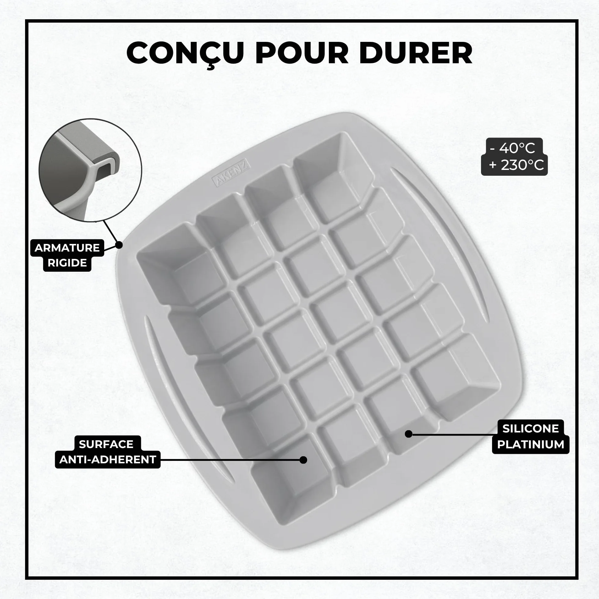 AKENZ - Molde de silicona para tableta de chocolate XXL – Cubo cuadrado pastel y pastel | Silicona platinium LFGB sin BPA, antiadherente, compatible con Cake Factory Infinity XXL + eBOOK incluido