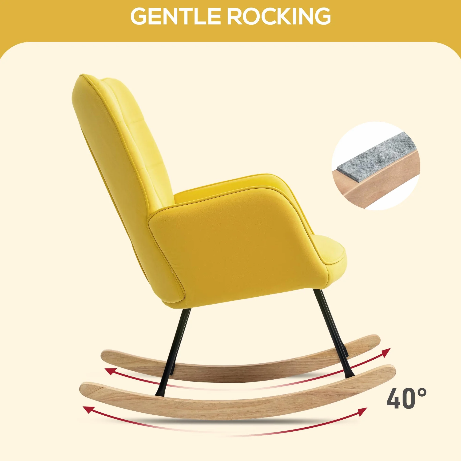 HOMCOM Sillón balancín tapizado de terciopelo estructura acero patas madera maciza amarillo