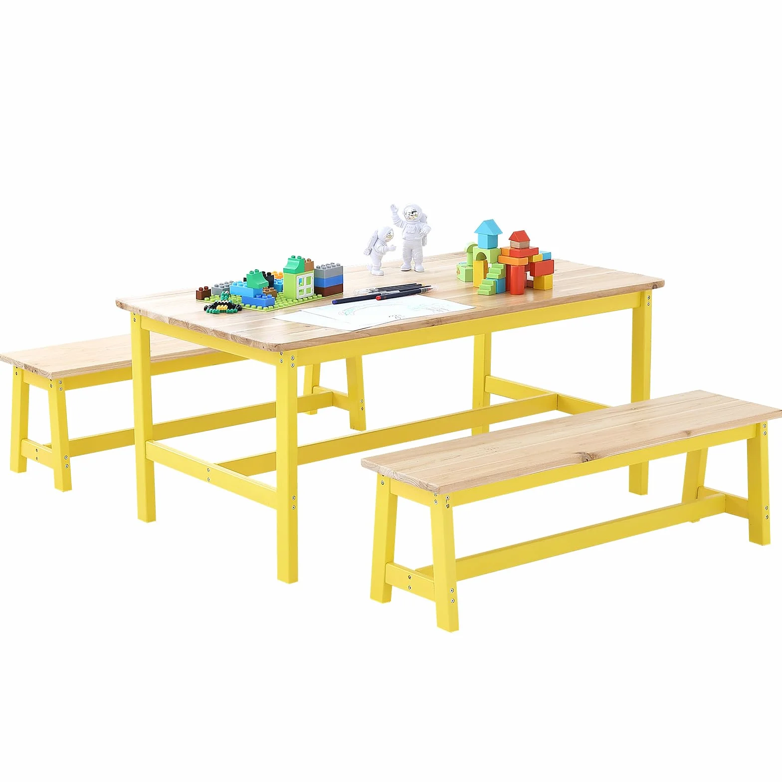 VEVOR 1 Mesa Infantil con 2 Bancos 1067x575x482 mm y 915x235x280 mm Conjunto de Muebles Infantiles Bandeja Fácil de Limpiar para Estudiar Comer Jugar Leer Guardería Dormitorio Infantil de 2 a 8 Años