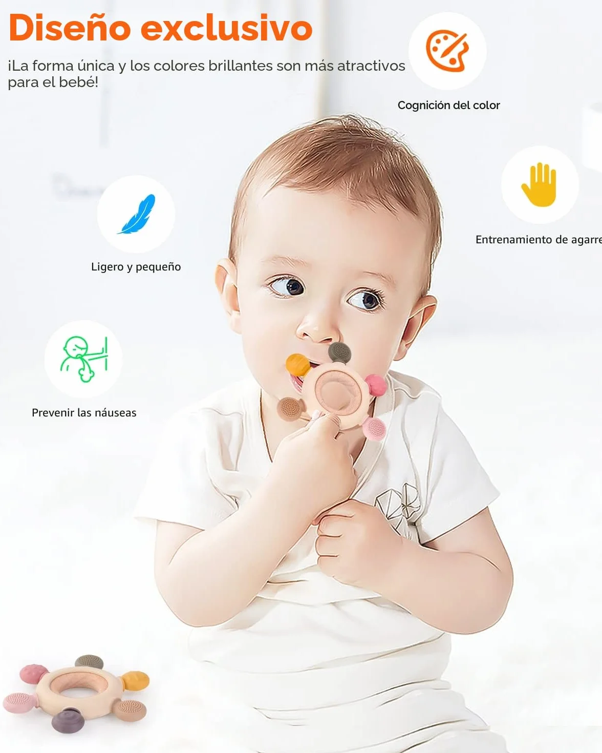 Mordedor Bebé Silicona, Juguete Dentición sin BPA, Accesorio Enfermería para Bebés 3+ Meses (Timón B)