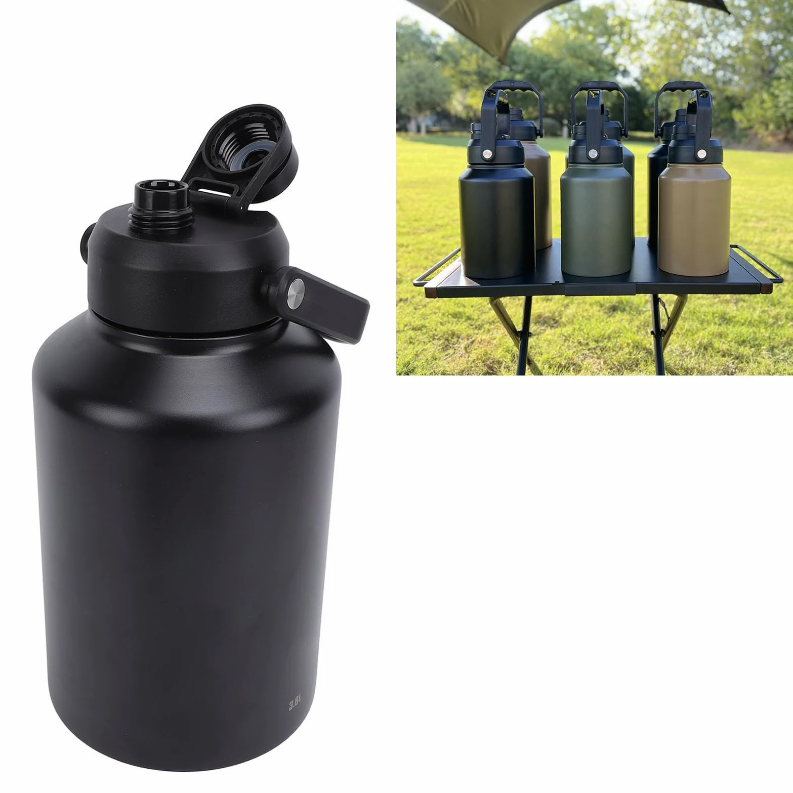 Yctze Botella Deportiva con Aislamiento Doble W de Acero Inoxidable de 3,8 L de Color Caqui para Entrenamientos en Cámara Al Aire libre: Botella para actividades. (BLACK)
