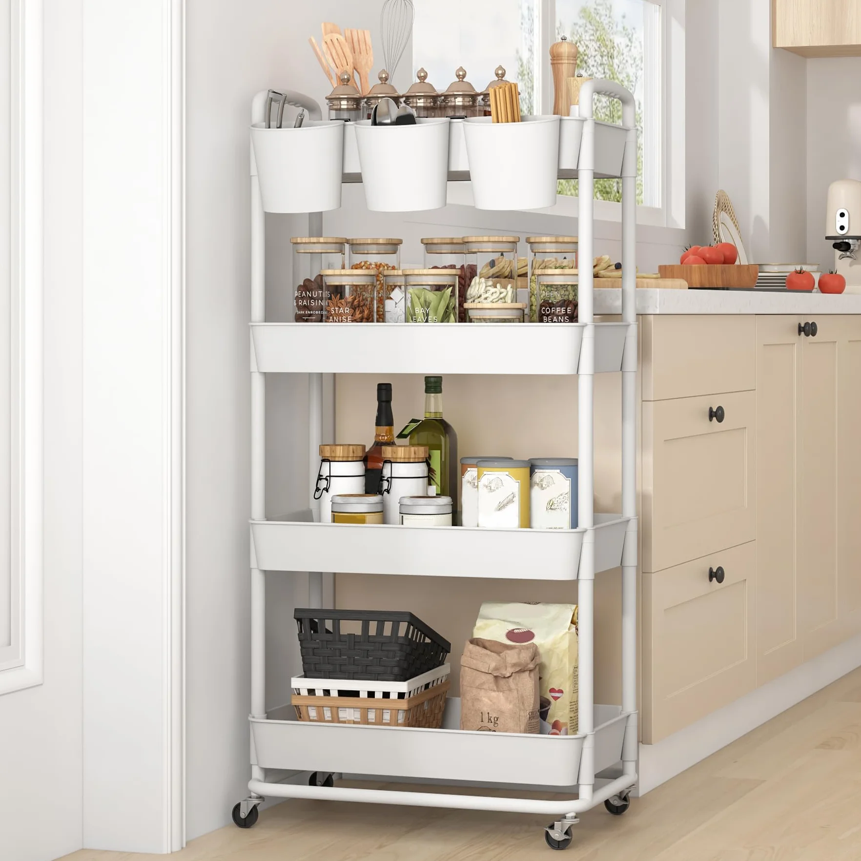 JIUYOTREE Carrito de Almacenamiento de plástico de 4 Niveles con Asas para Colgar adicionales, Ruedas bloqueables para Sala de Estar, baño, Cocina, Oficina, Color Blanco