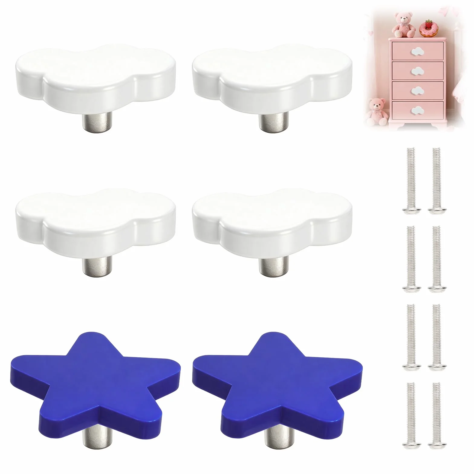 6 Piezas Tiradores Infantiles para Cajones y Armarios,con Diseño de Nube y Estrella Pomos de Goma Suave para Habitaciones de Niños Seguro Divertido y Decorativo para Tiradores de Armario