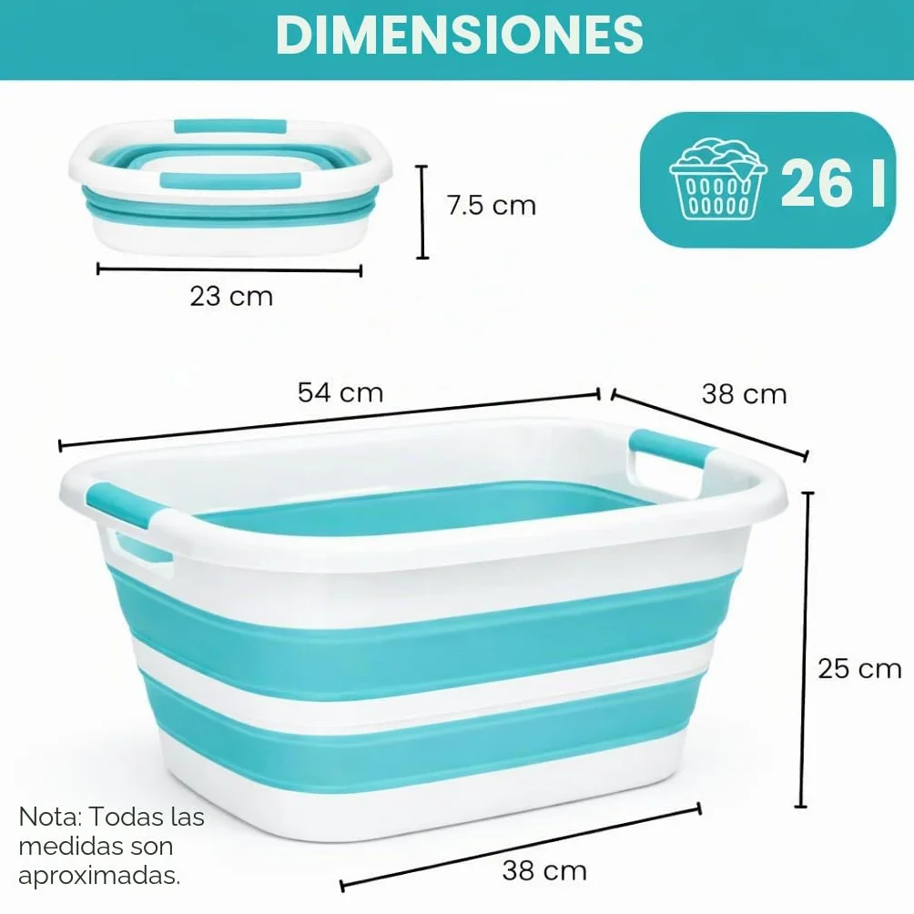 edihome Barreño Plegable 26 L – Cesto Ropa Colada de Plástico y Silicona con Asas, Cesta Multiusos Para Lavadora al Tendedero, Laundry Basket y Almacenaje Hogar (Turquesa, M)