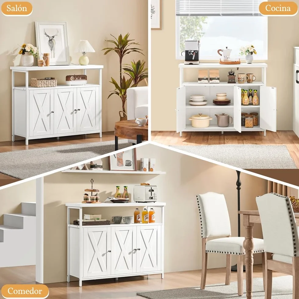 Yaheetech Aparador de Comedor Armario de Madera con 3 Puertas Armario de Almacenamiento con Estantes Ajustables para Salón Pasillo Cocina Sala de Estar 100x35x81.5 cm Blanco