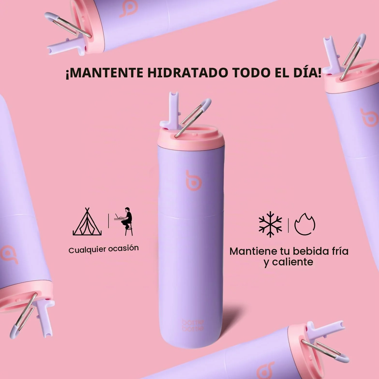 Botella de agua aislada de acero inoxidable 700 ml con popote, tapa y asa - para deportes, viajes, gimnasio (lila)