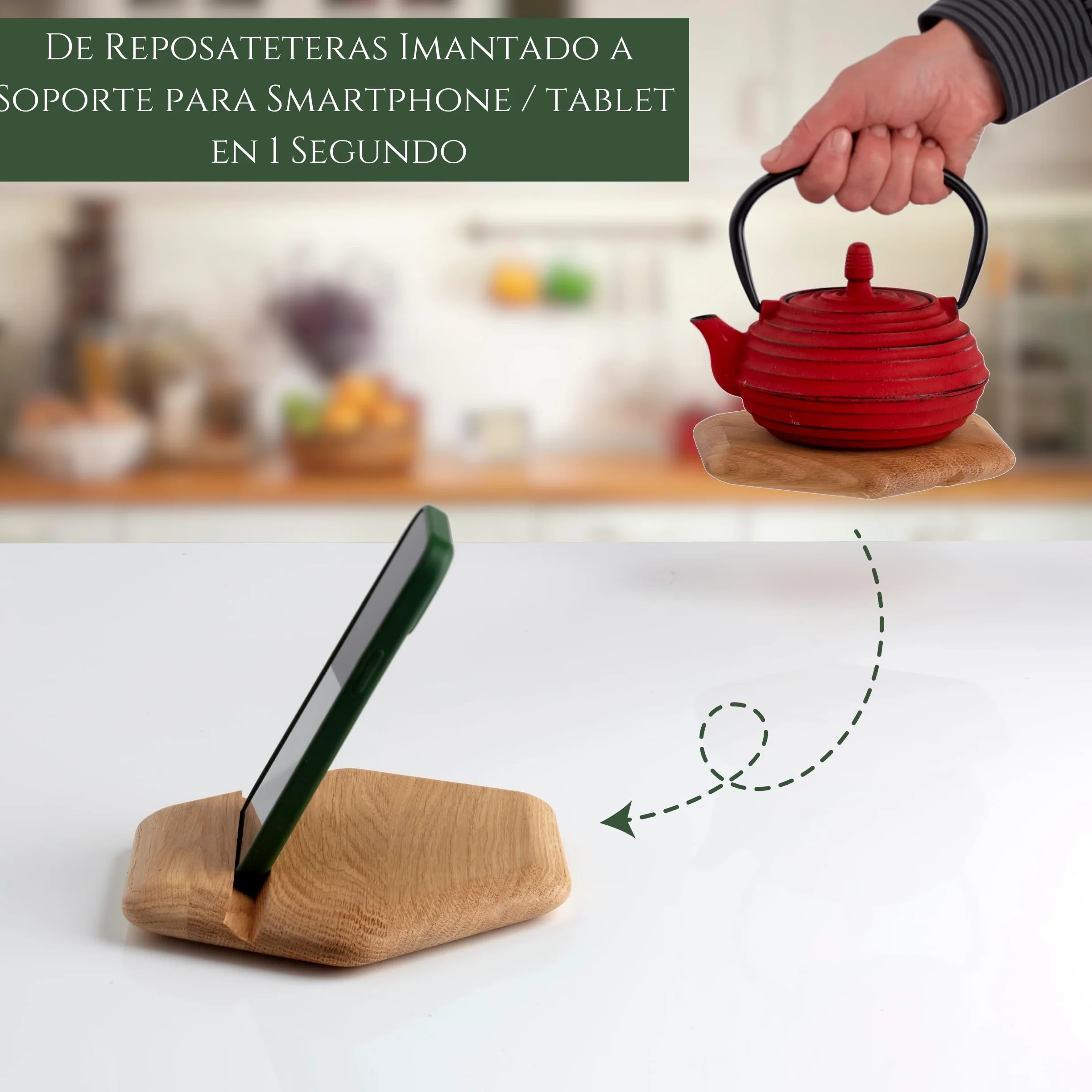 Salvamanteles Ollas Calientes 2 en 1 de Roble Macizo - Salvamanteles Imantado con Soporte para Tablet - Ideal como Protector Encimera y Mesa Comedor