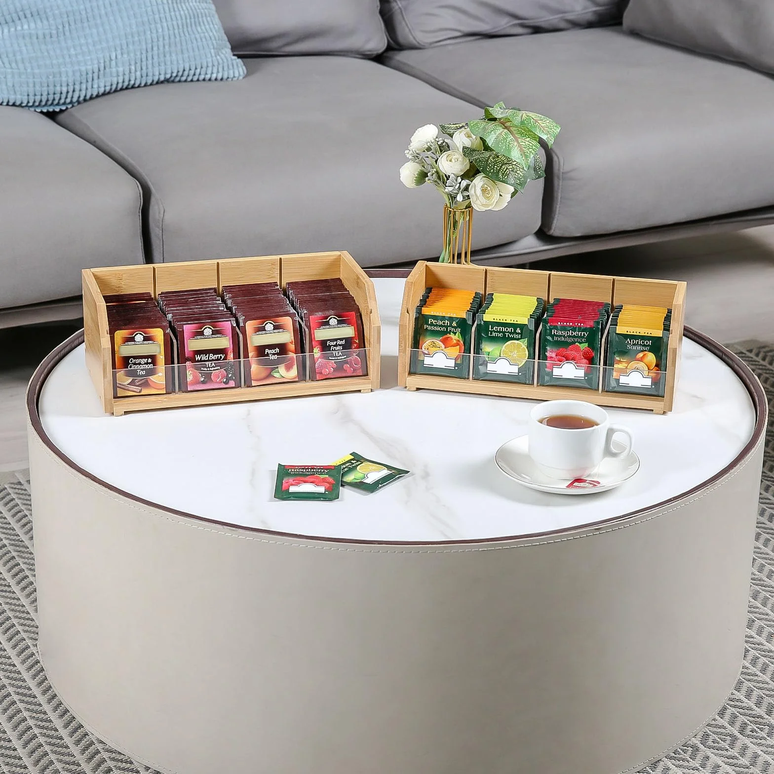 TIOPGHAD Organizador de bolsas de té de bambú apilable de 2 capas, soporte de almacenamiento para bolsas de té, contenedores de madera para té, estante de estación de té para gabinete, encimera
