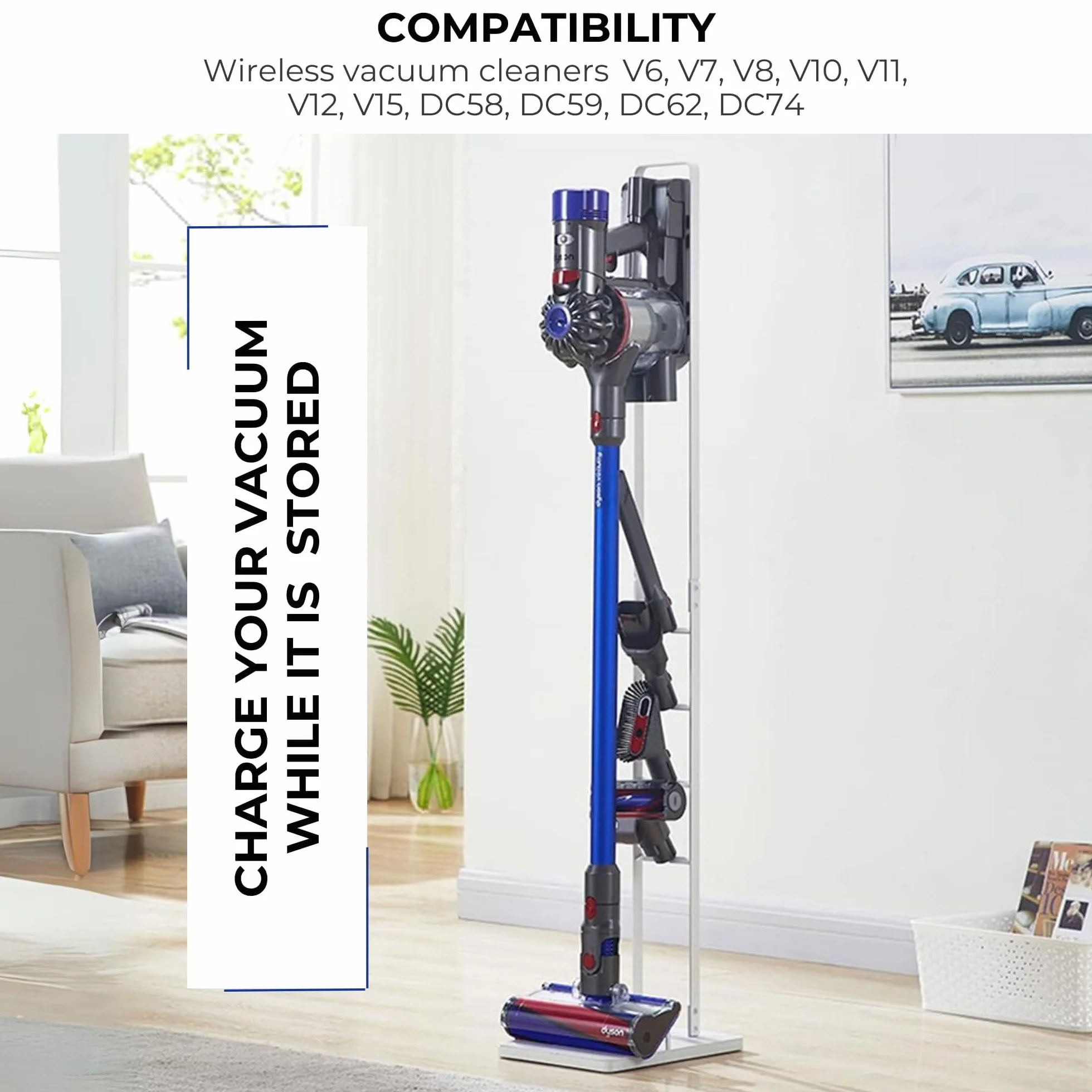 MORANGO Soporte de Aspiradora Compatible con Dyson V15 V12 V11 V10 V8 V7 V6 - DC58/ DC59/ DC62/ DC74 - Organizador de Almacenamiento de Suelo Sin perforar la Pared.
