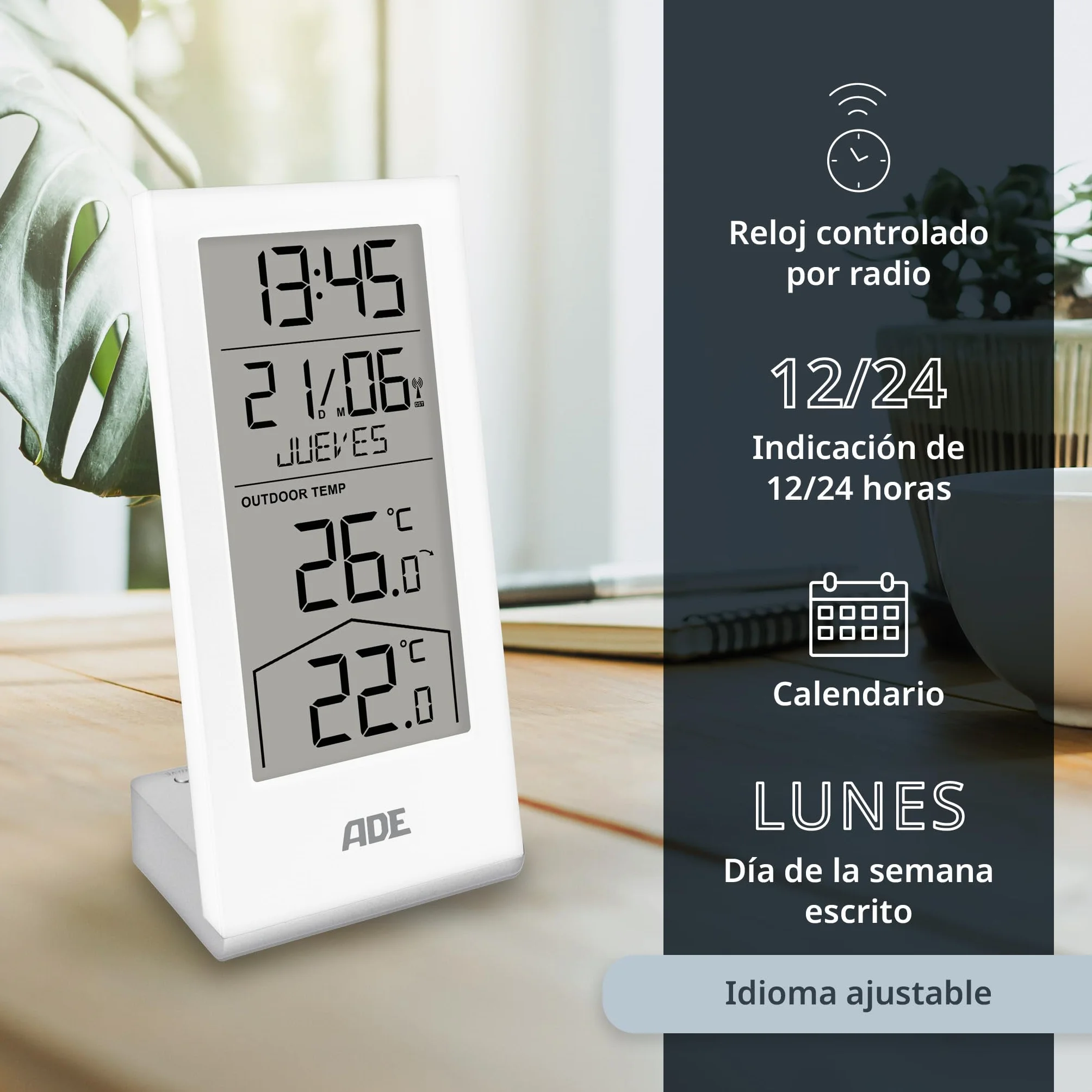 ADE Estación meteorológica digital inalámbrica con sensor exterior | termómetro para temperatura interior y exterior | reloj y calendario radiocontrolados con día de la semana | incl. pilas | blanco