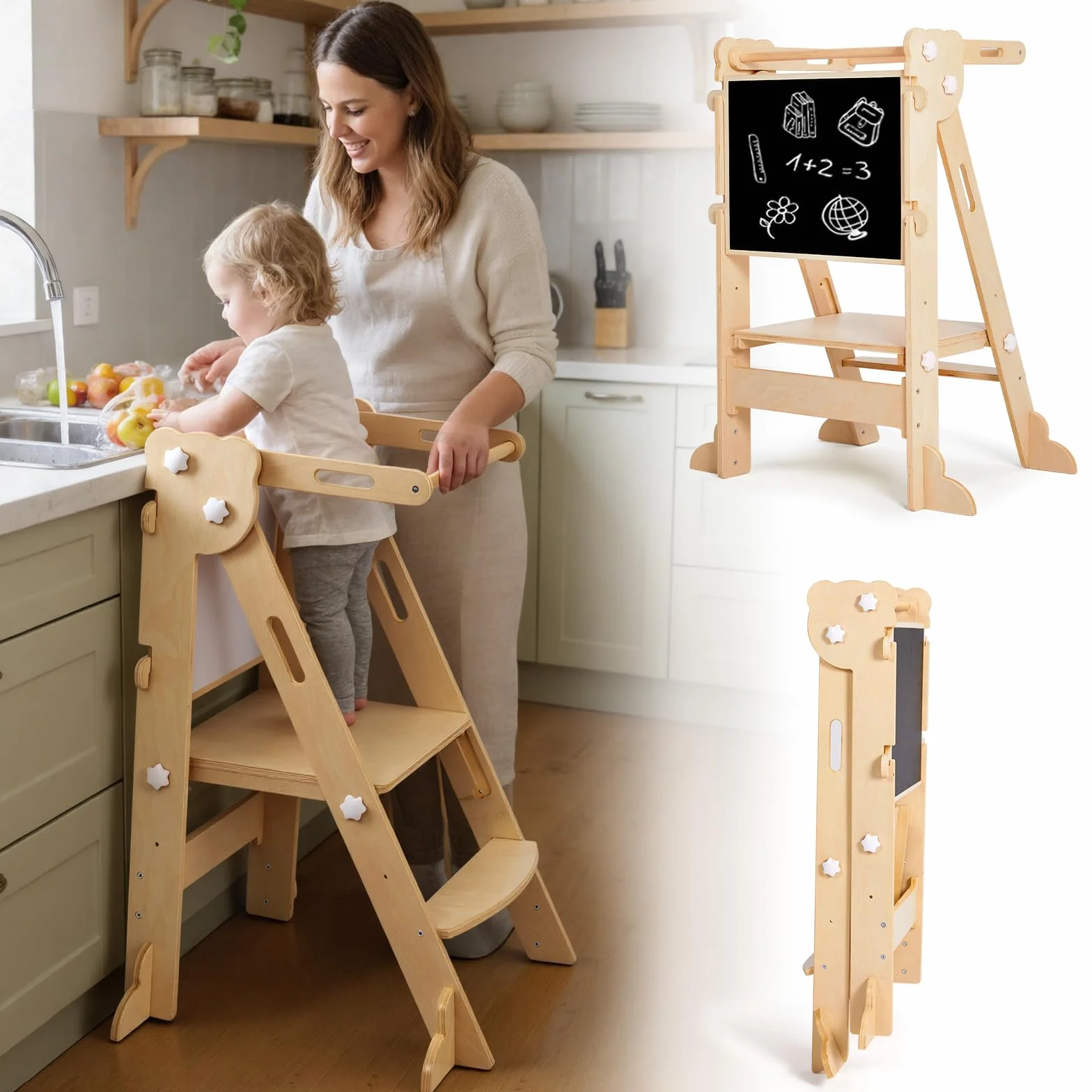 Labebe Torre de Aprendizaje Plegable Niños, Montessori Learning Tower 3 en 1 Multifuncional Ajustable en Altura y Ancho
