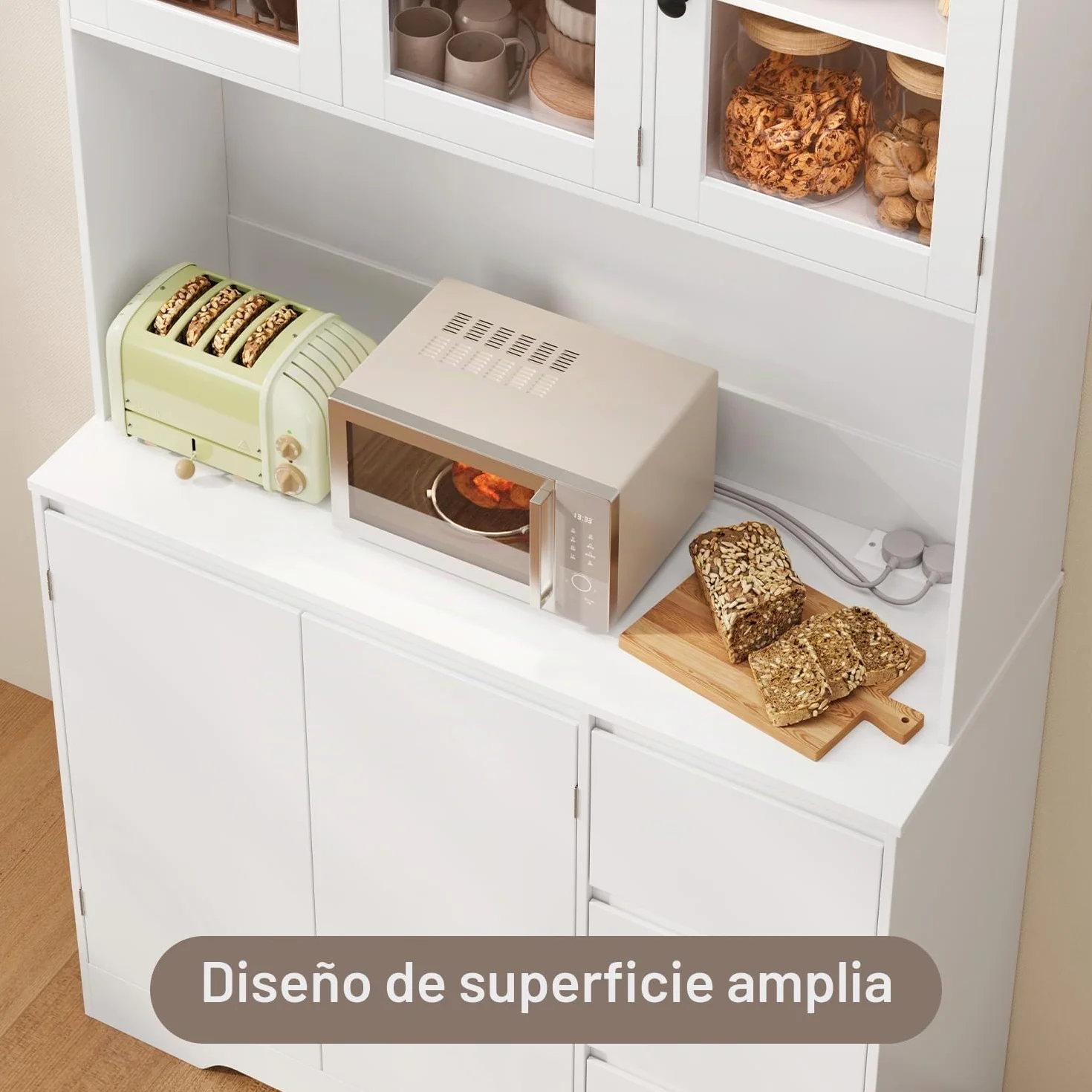 Xbro Alacena de Cocina con LED y Placa Perforada, Armario Cocina con 5 Puertas y 3 Cajones,Armario Cocina Almacenaje para Cocina, Comedor, Salón, 100 x 40 x 180 cm, Blanco