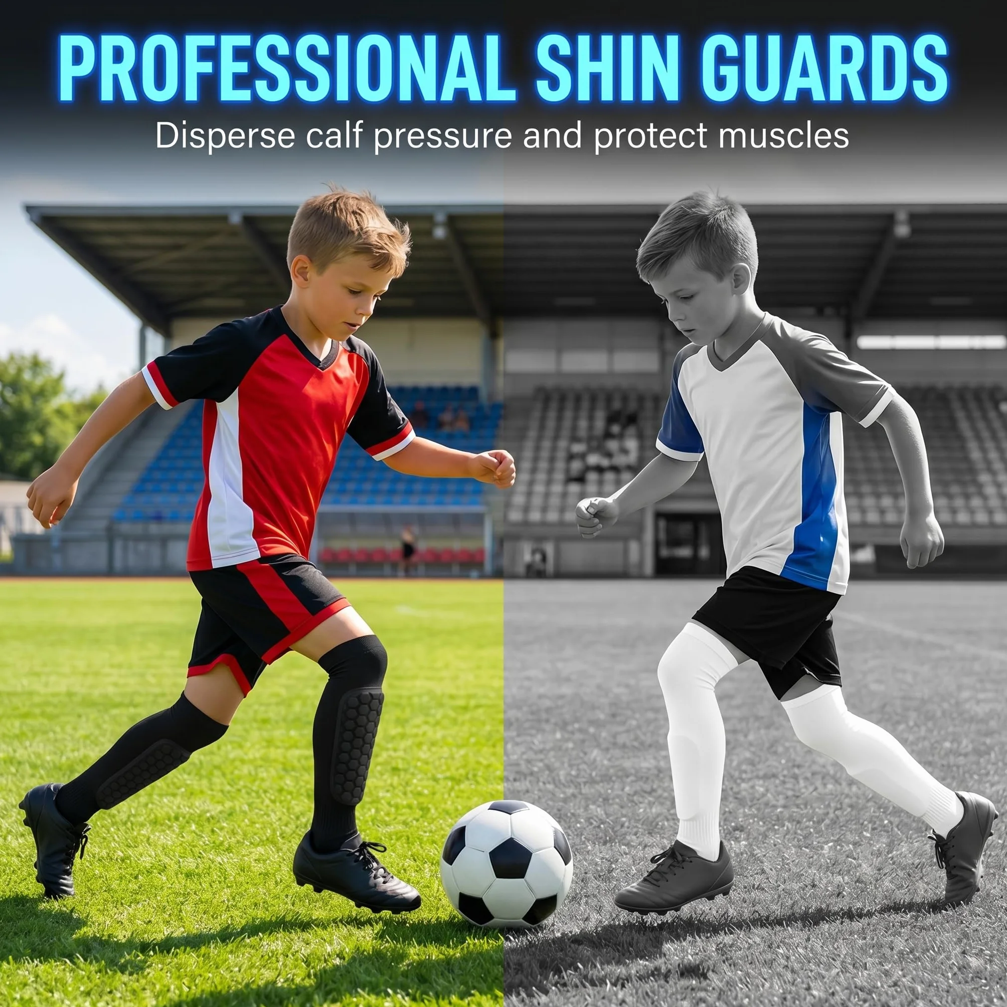 Espinilleras Fútbol para Niños con Calcetines de Sujeción, Protección Tibia Acolchado EVA, Transpirables Antideslizantes (Talla MS, 1 Par)