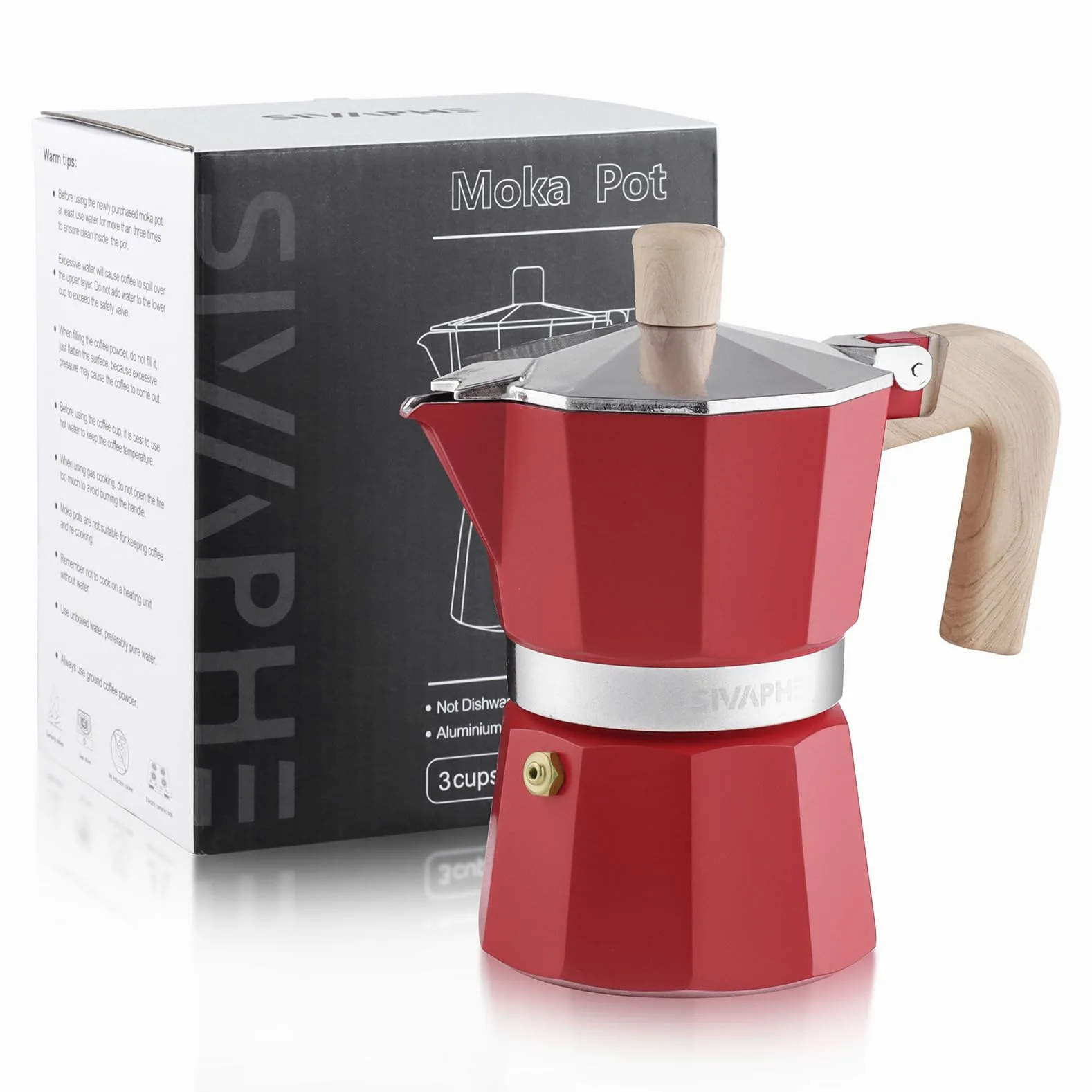 Sivaphe Olla Moka de aluminio con 3 tazas de espresso, cafetera y espresso percoladora, cafetera portátil italiana y cubana para el hogar y camping, color rojo