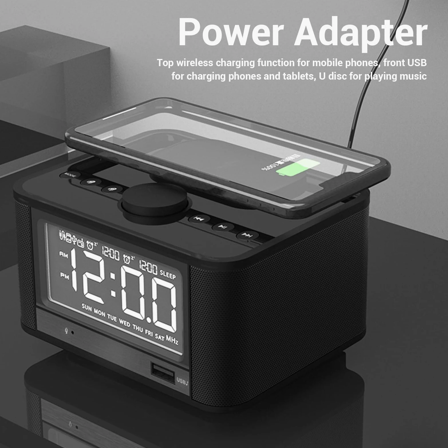 Goshyda Altavoz Bluetooth con Carga Inalámbrica, Radio Despertador para Dormitorios, Reloj Digital Regulable con Estación de Carga de Radio FM, Tarjeta de Memoria y Reproducción (Enchufe de la UE)
