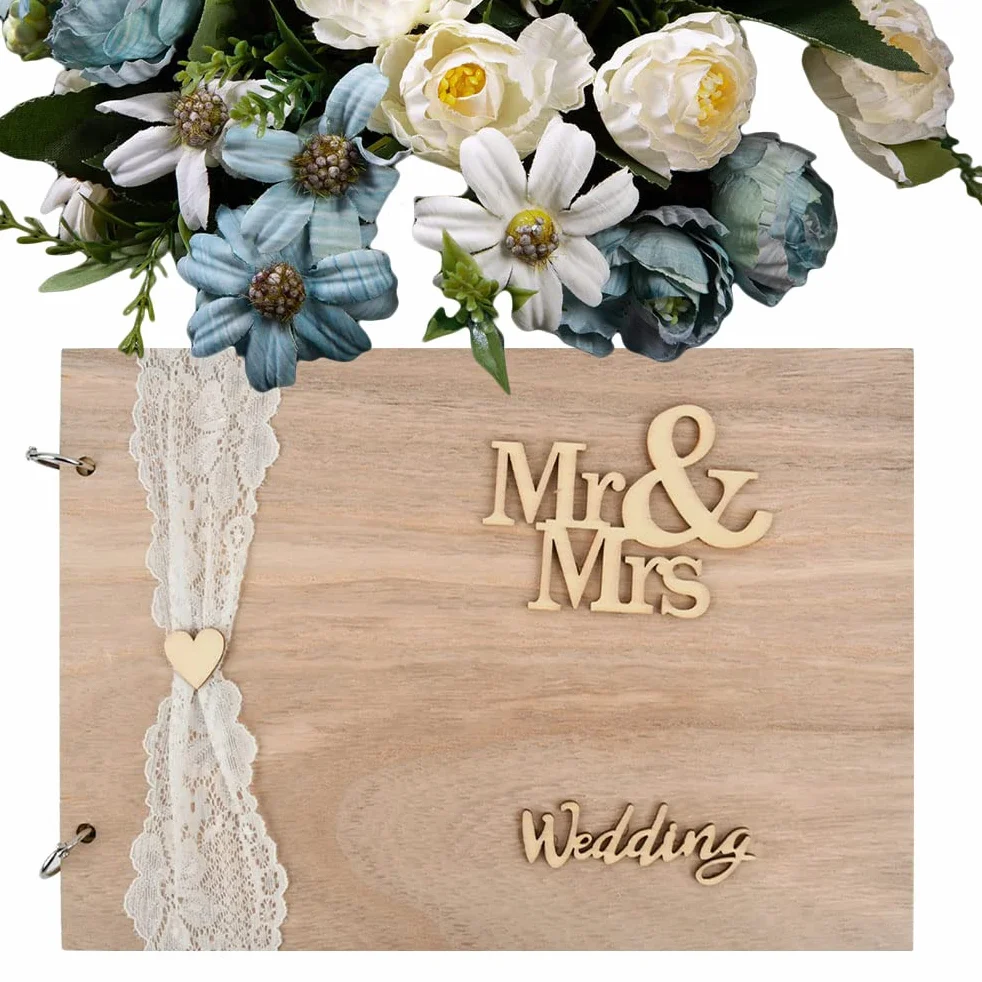 Libro de Visitas de Boda BOPHIS Libros de Firmas para Bodas Retro de Madera con Bolígrafo, Libro de Visitas Kraft, Libro de Recuerdos de Boda para Invitado de Boda, Aniversario, Compromiso de Fiesta