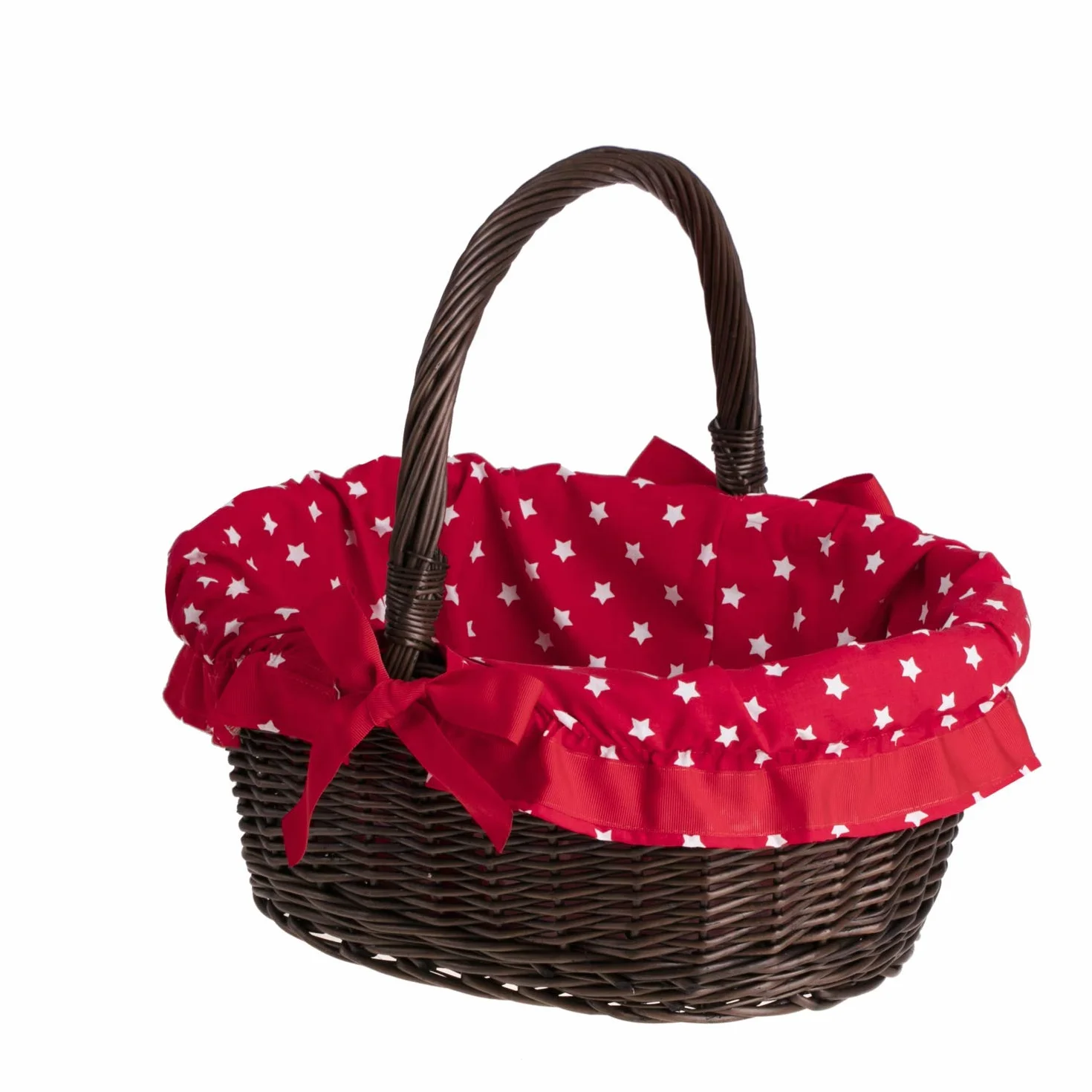 Expositor, cesta de mimbre con asa, cesta de mimbre góndola de la compra con una funda extraíble rojo marrón grisáceo estampado pequeñas estrellas blancos