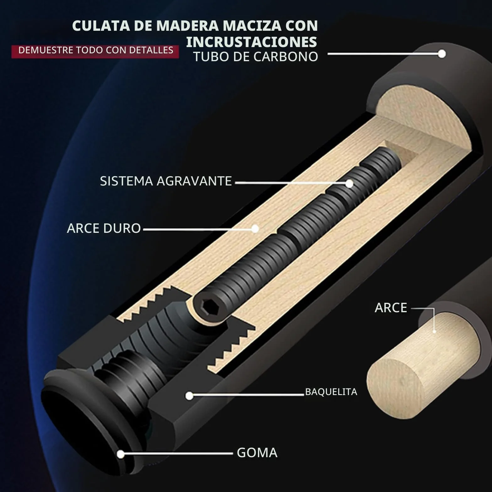 KHEALING Taco de billar fibra de carbono 12,5 mm 58 pulgadas profesional