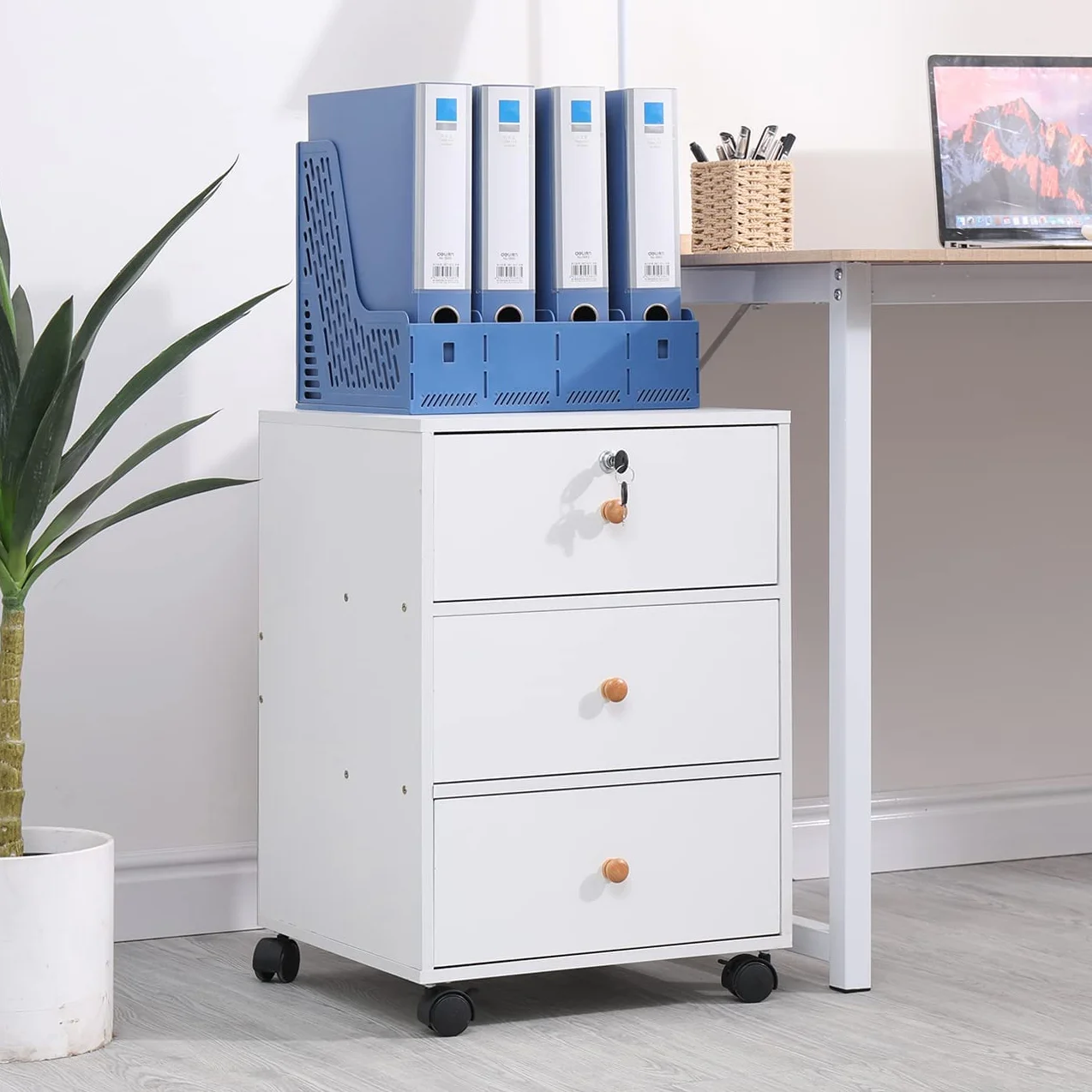 Ansley&HosHo Archivador móvil con 3 cajones, gabinete delgado para mesita de noche, armario de almacenamiento rodante debajo del escritorio, archivador de madera con cerradura, mesa de impresora de