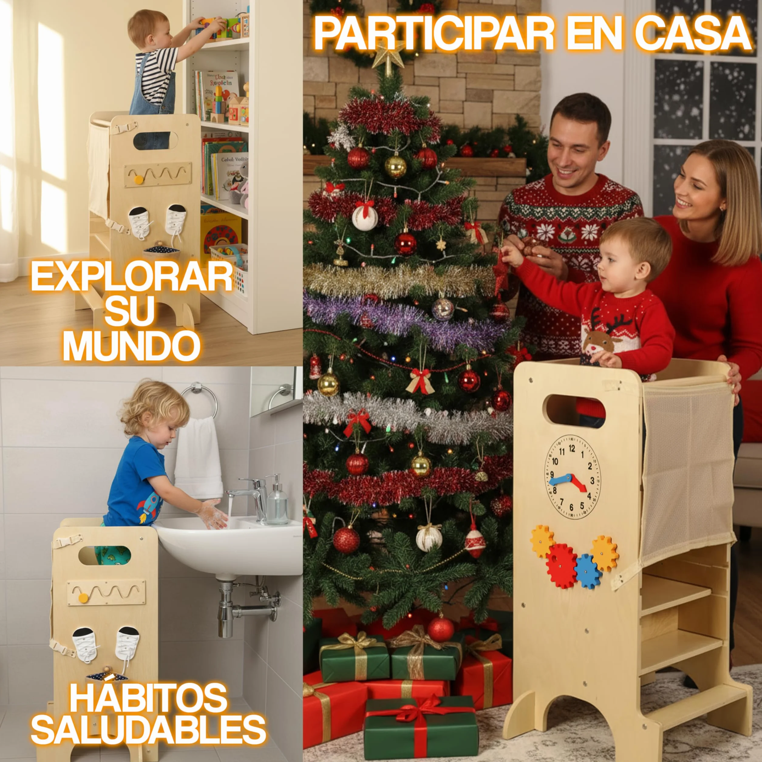 Torre de Aprendizaje Montessori de Madera Multifuncional con Juegos Sensoriales Infantiles