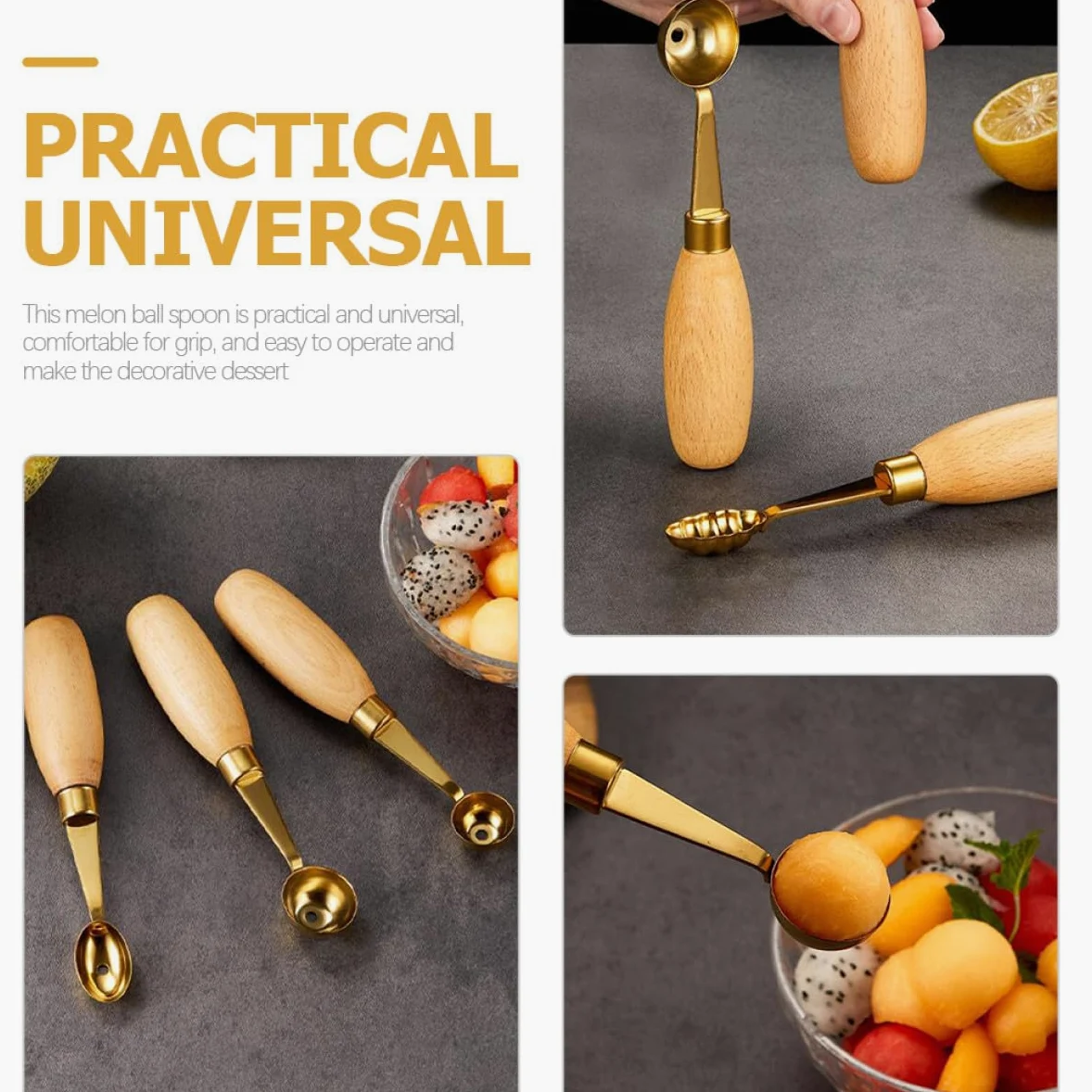 Hacer Bolas de Melón Juego de 4 Cucharas Redondas Fáciles de Usar de Acero Inoxidable y Madera Ideales para Postres Decorativos en Casa