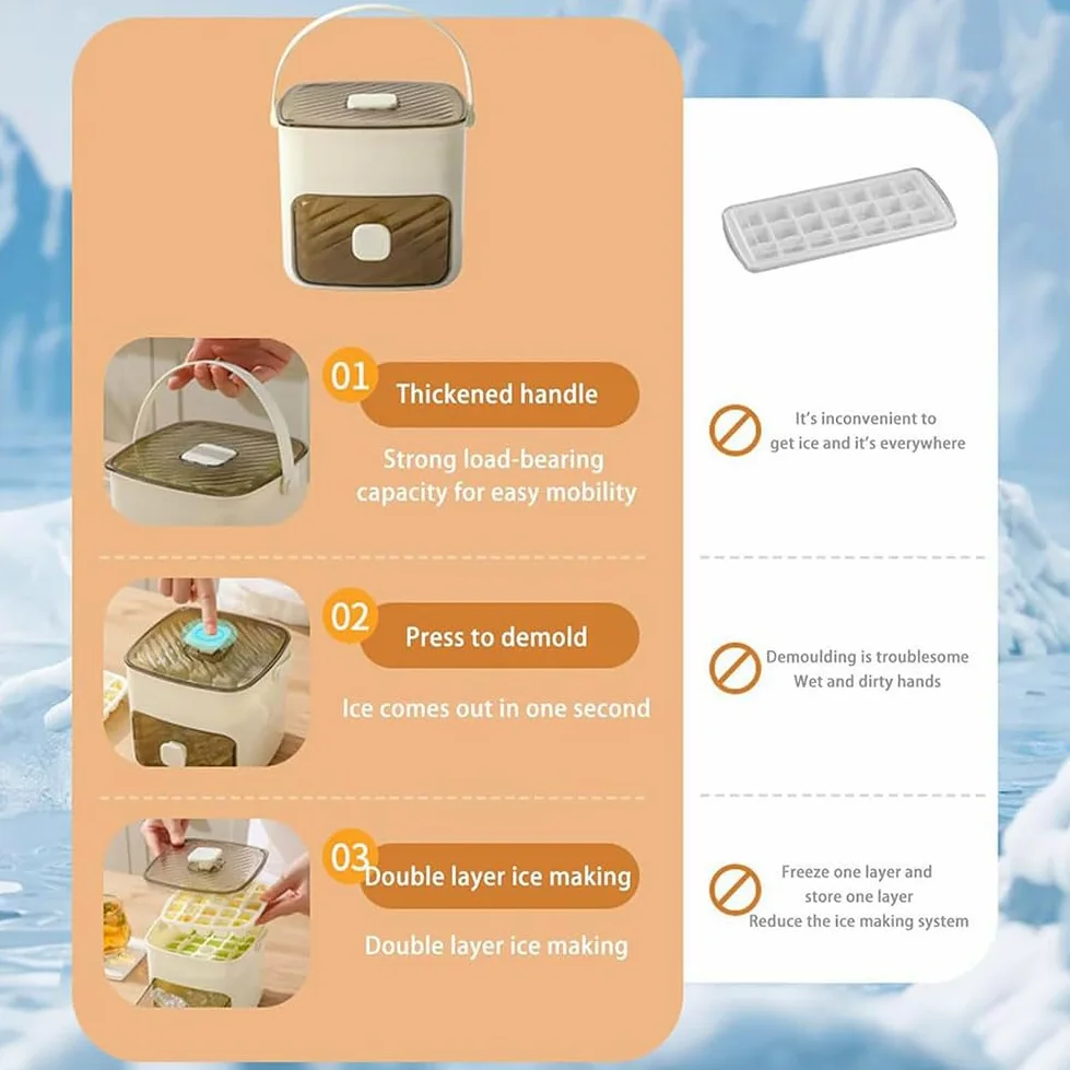 Máquina de Cubitos 48 Rejillas con Tapa de Prensa, Bandeja Hielo Doble Capa para Congelador, Molde Silicona de Liberación Rápida y Caja Almacenaje con Pala para Whisky o Cóctel (A+Insulated Bag)