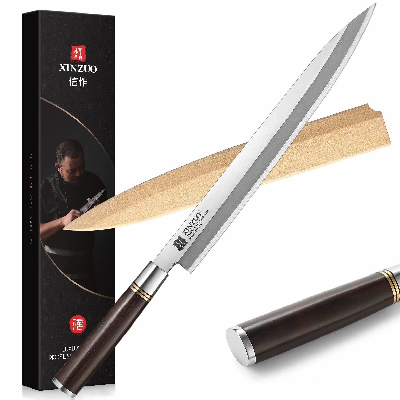 XINZUO 30cm Sashimi Cuchillo de Acero Inoxidable X7Cr17MoV, Yanagiba Tradicional Japonés con Hoja de un Solo Filo para Sushi, Mango de Madera de Ébano con Vaina