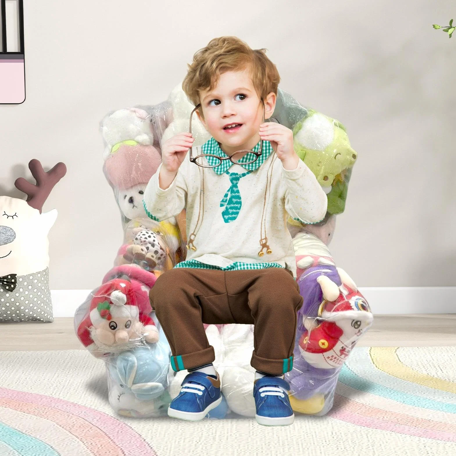 Almacenamiento De Peluches Puf - Saco Almacenamiento Peluches Transparente,Gran Sofá con Cremallera para Sala Cuarto Juego Aula Niños Niñas Jóvenes Preescolar